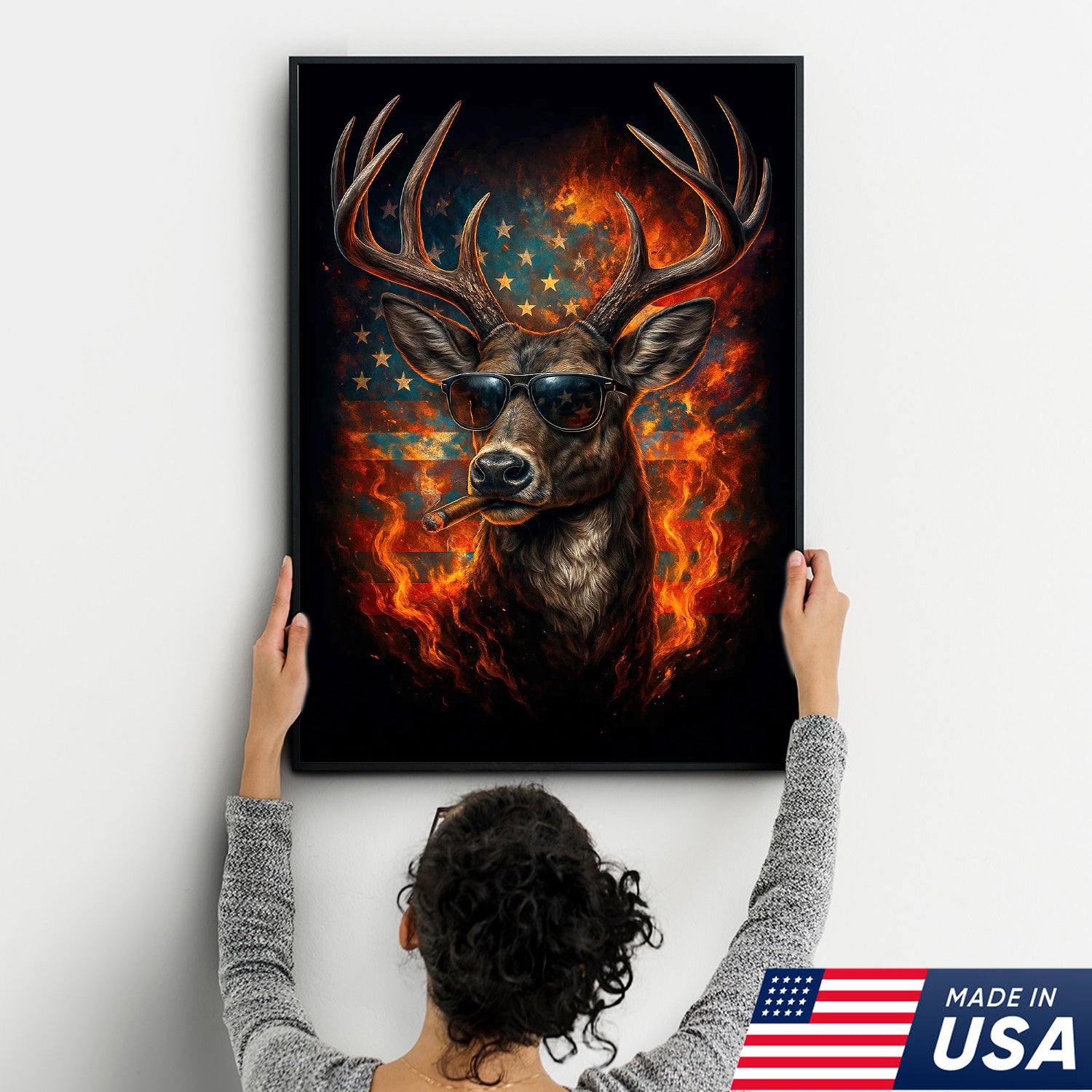 Patriotic Deer Wall Art Canvas – Cool Buck with Sunglasses and American Flag – Rustic Hunting Lodge Decor USA
