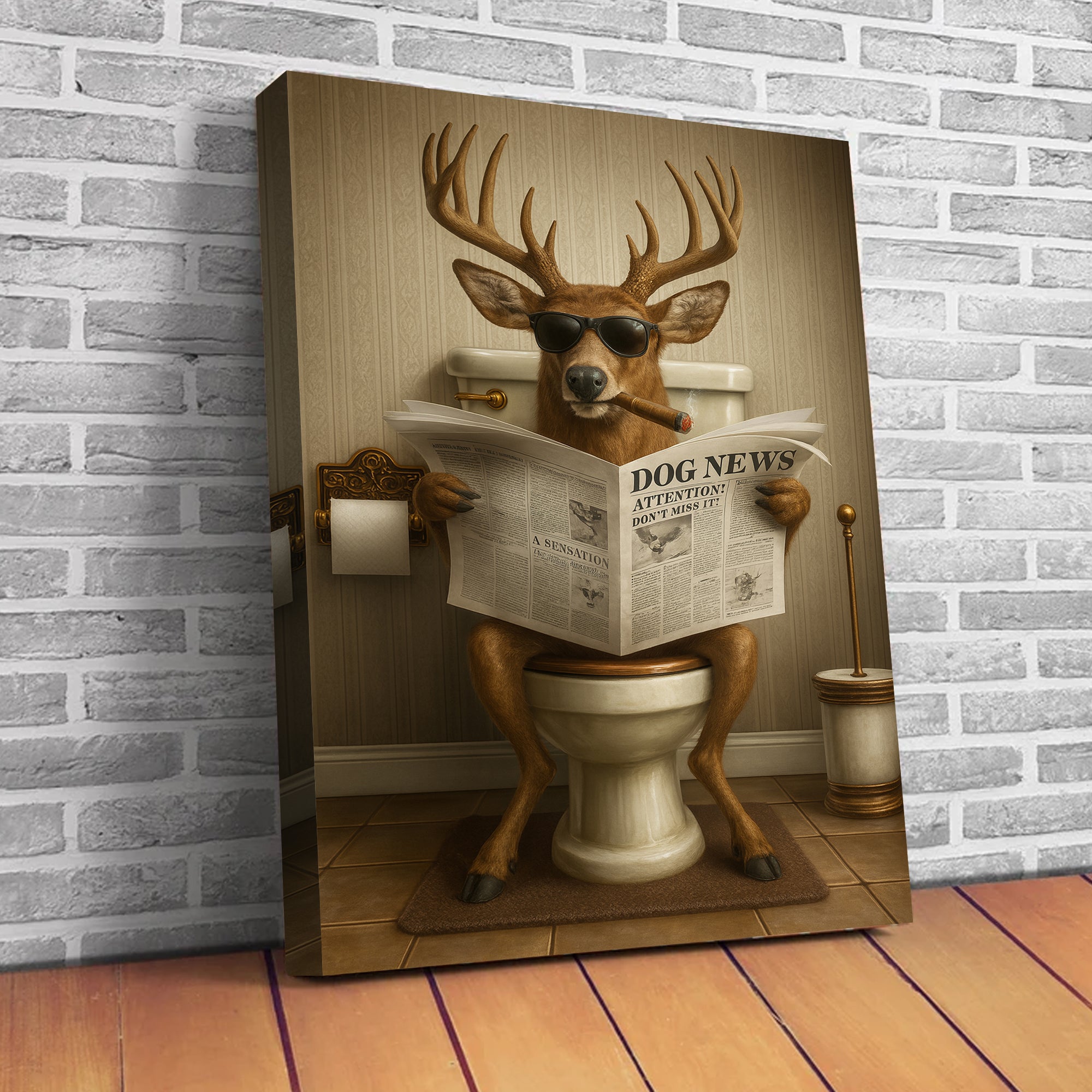 Funny Deer on Toilet Canvas – Hilarious Animal Art Print with SunGlasses and Smoking Reading Newspaper.