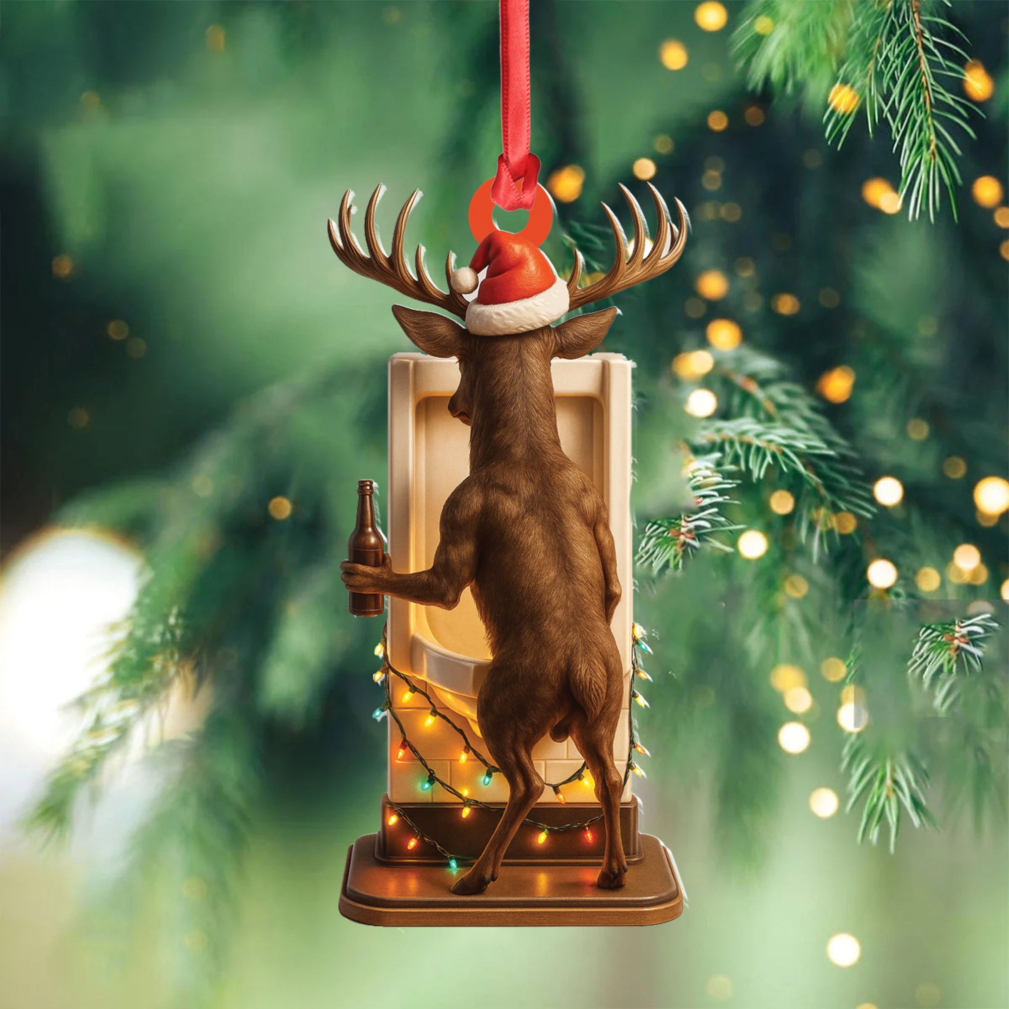 Personalized Acrylic Deer Christmas Ornament – Funny Buck with Santa Hat Drinking Beer by Urinal Holiday Decor