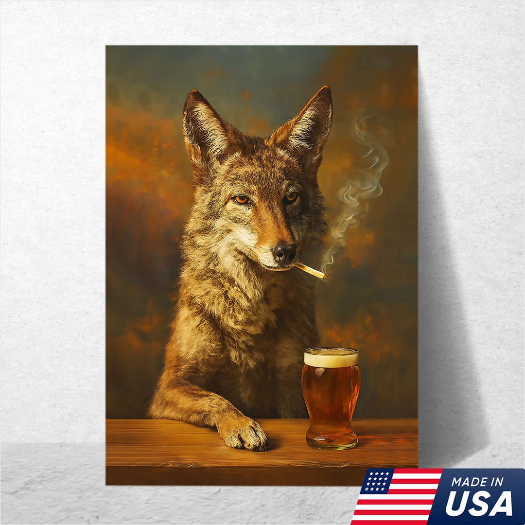 Smoking Wolf Coyote with Cocktail Glasses Canvas – Funny Hunting Wall Art for Man Caves - Hilarious Gift for Outdoorsmen