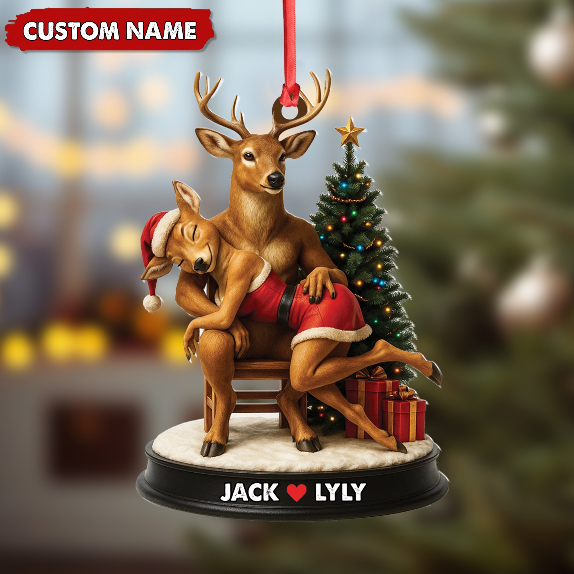 Personalized Acrylic Deer Couple Christmas Ornament – Romantic Holiday Decor for Couples & Wildlife Lovers