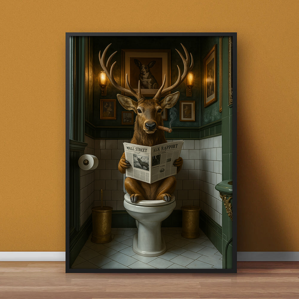 Funny Deer on Toilet Canvas Art β Stylish Animal Wall Art with Smoking and Wall Street Newspaper β Unique Bathroom Decor