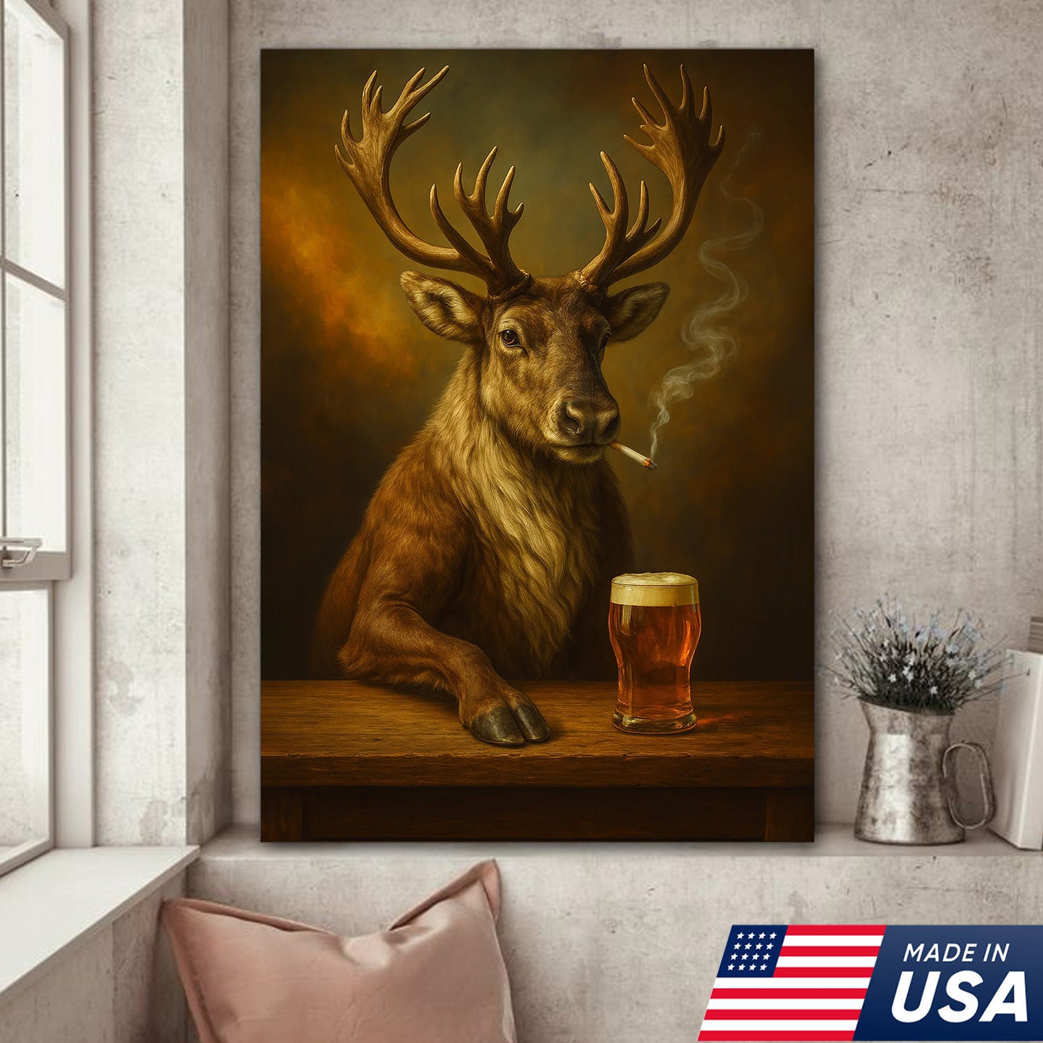 Rustic Caribou Canvas Wall Art – Majestic Caribou with Beer Glass – Hunting Cabin Lodge Decor