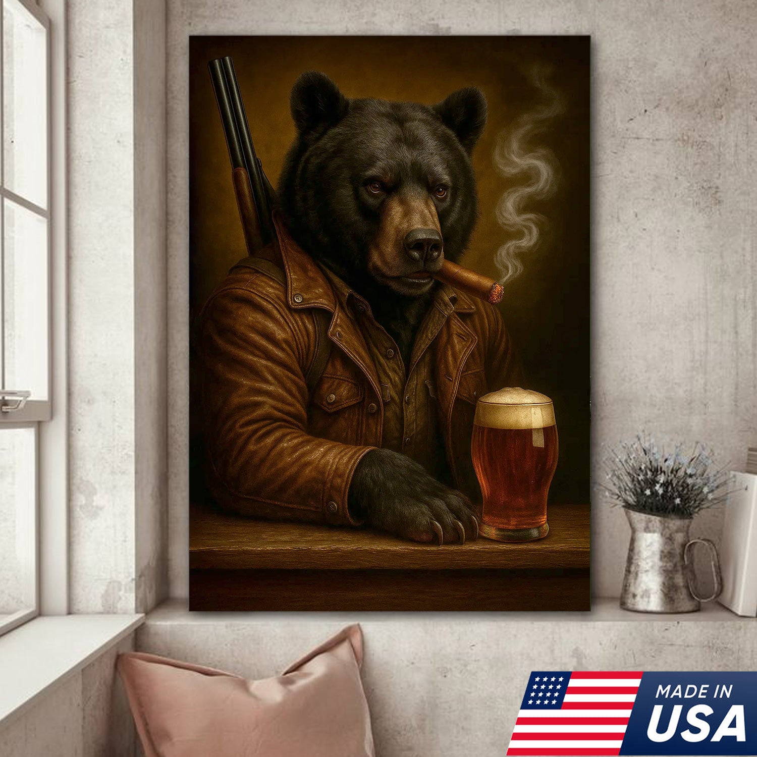 Black Bear Canvas Wall Art – Surreal Hunter Portrait with Beer Glass, Rustic Lodge Decor