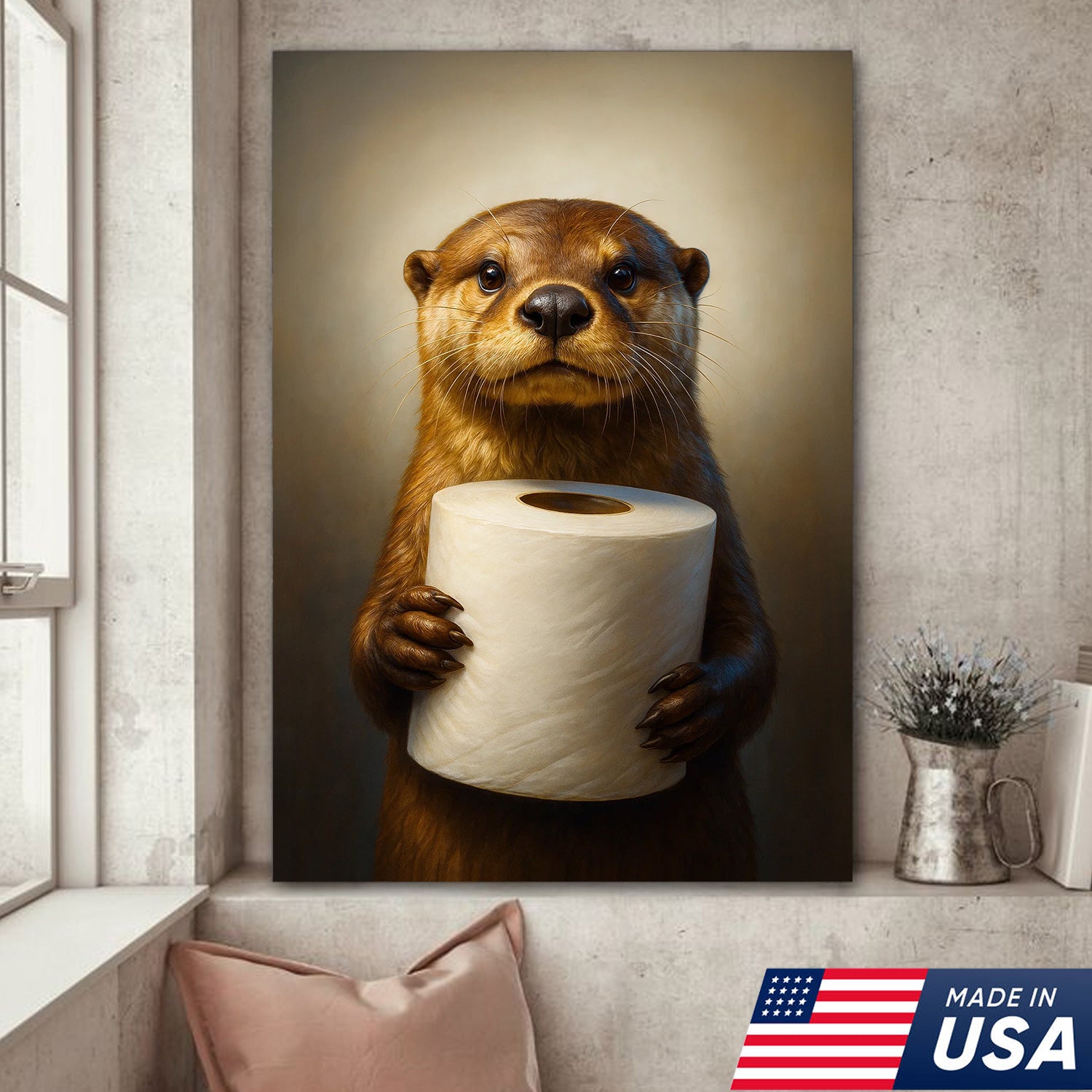 Funny Otter Canvas Wall Art - Cute Bathroom Decor with Toilet Paper - Rustic Wildlife Print