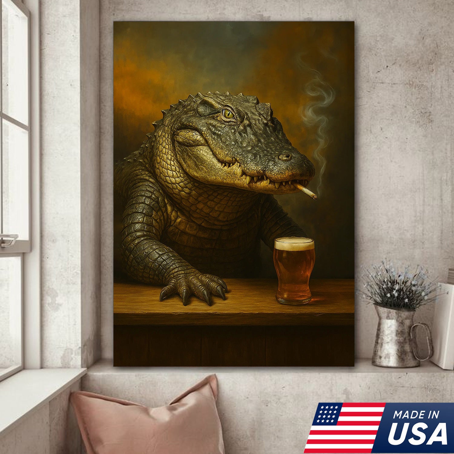 Alligator Wall Art Canvas – Rustic Wildlife Animal Print for Hunting Cabin, Lodge, or Man Cave Décor