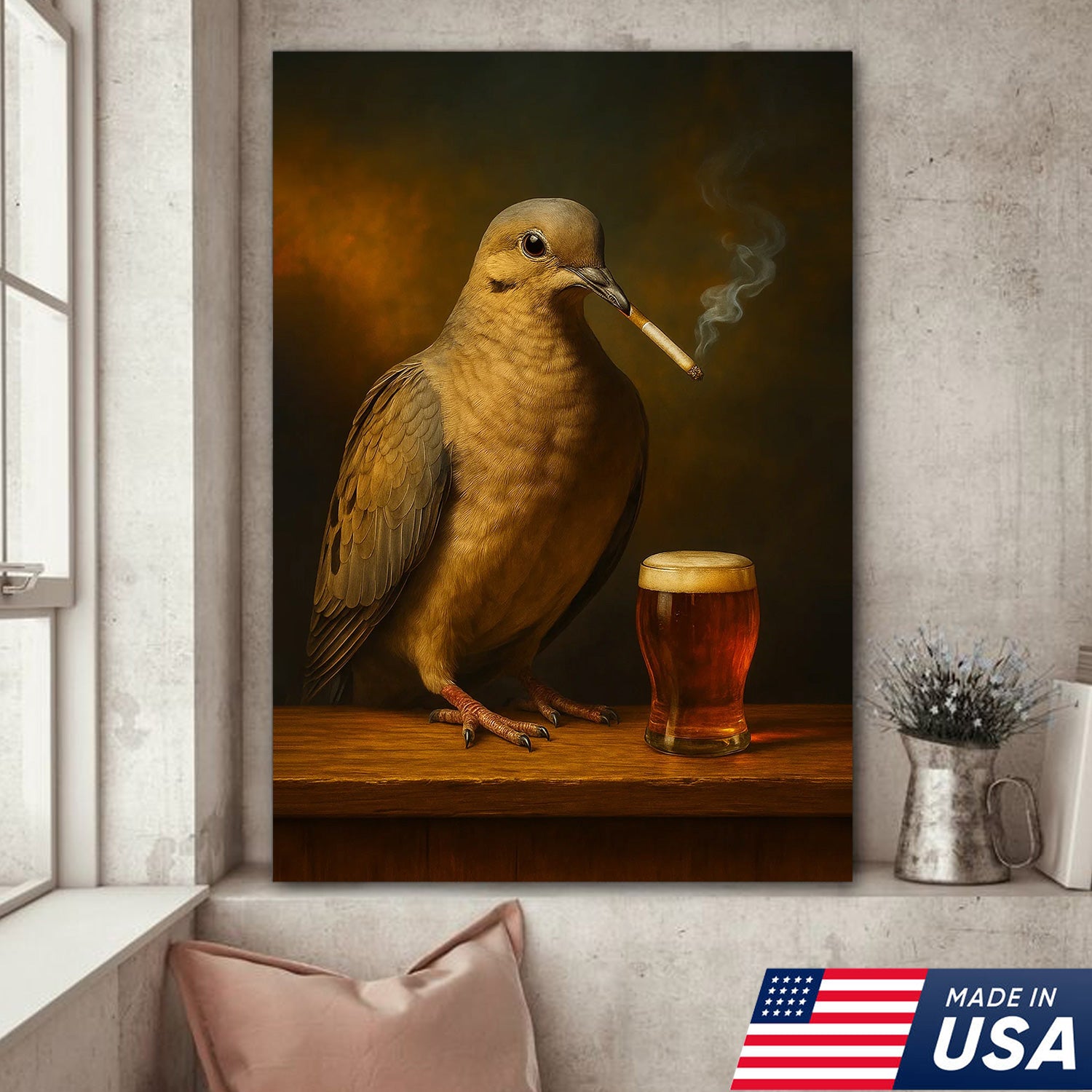 Rustic Mourning Dove Canvas Wall Art – Unique Wildlife Bar Scene with Beer – Hunting Cabin Lodge Decor