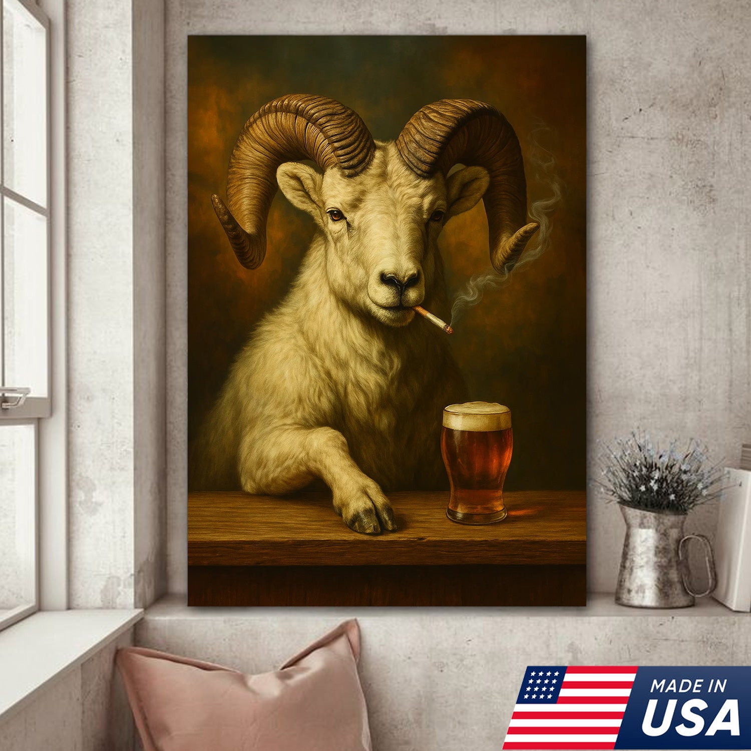 Rustic Dall Sheep Canvas Wall Art – Majestic Mountain Sheep with Beer Glass – Hunting Cabin Lodge Decor