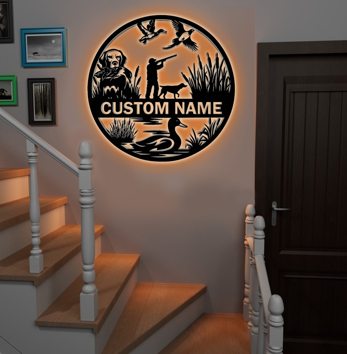Personalized Metal Sign WITH LED/WITHOUT LED – Duck Hunting Scene with Dog and Hunter – Custom Rustic Wall Decor for Cabin and Lodge