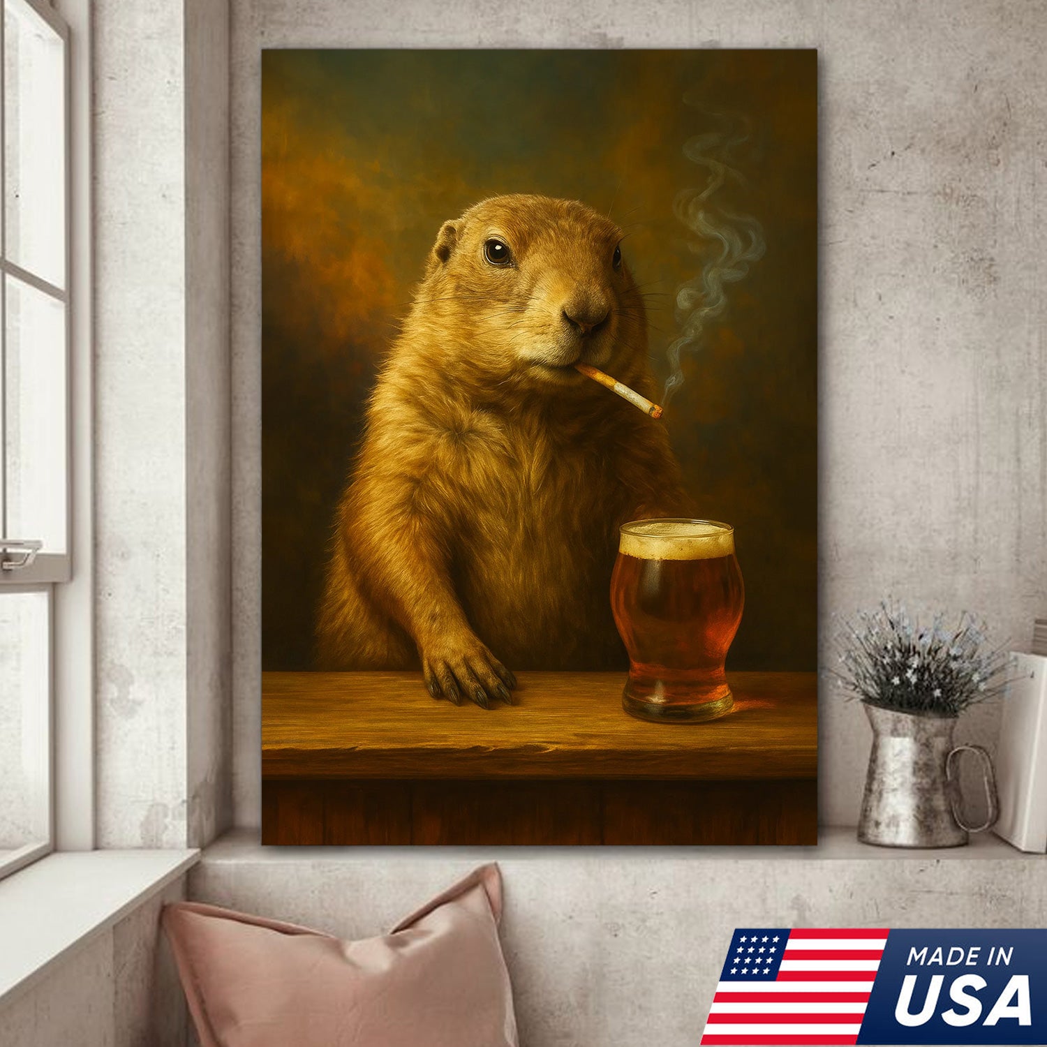 Rustic Prairie Dog Canvas Wall Art – Funny Wildlife Bar Scene with Beer – Hunting Cabin Lodge Decor