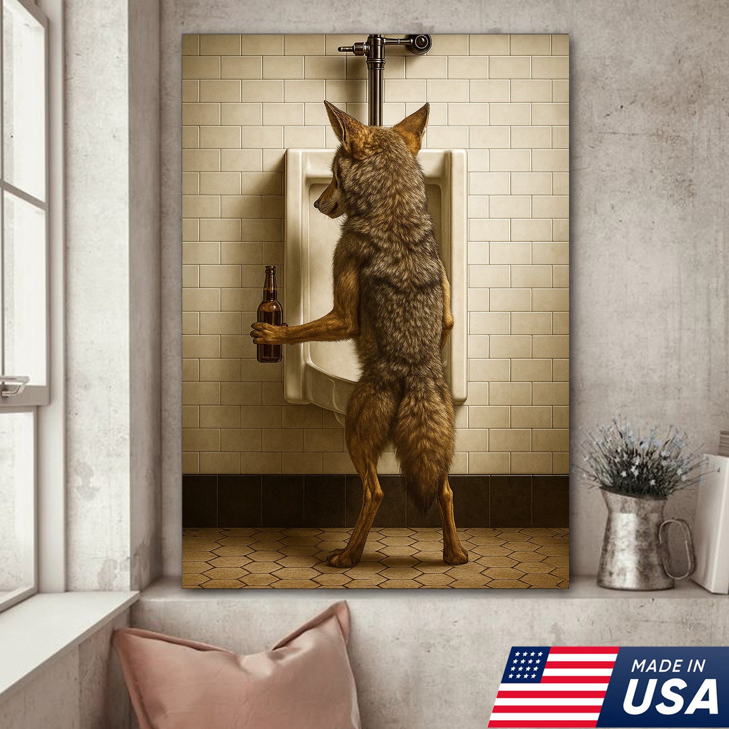 Hilarious Coyote Canvas Wall Art – Funny Bathroom Humor Decor – Rustic Hunting Cabin Gag Gift – Quirky Lodge Animal Artwork