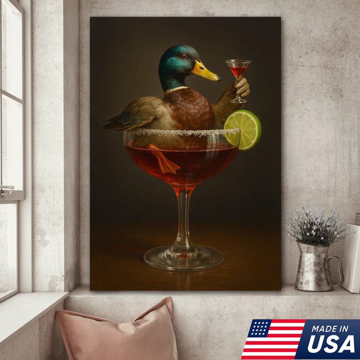 Funny Mallard Duck Canvas Wall Art - Quirky Animal in Cocktail Glass Design - Unique Wildlife Artwork for Home Decor