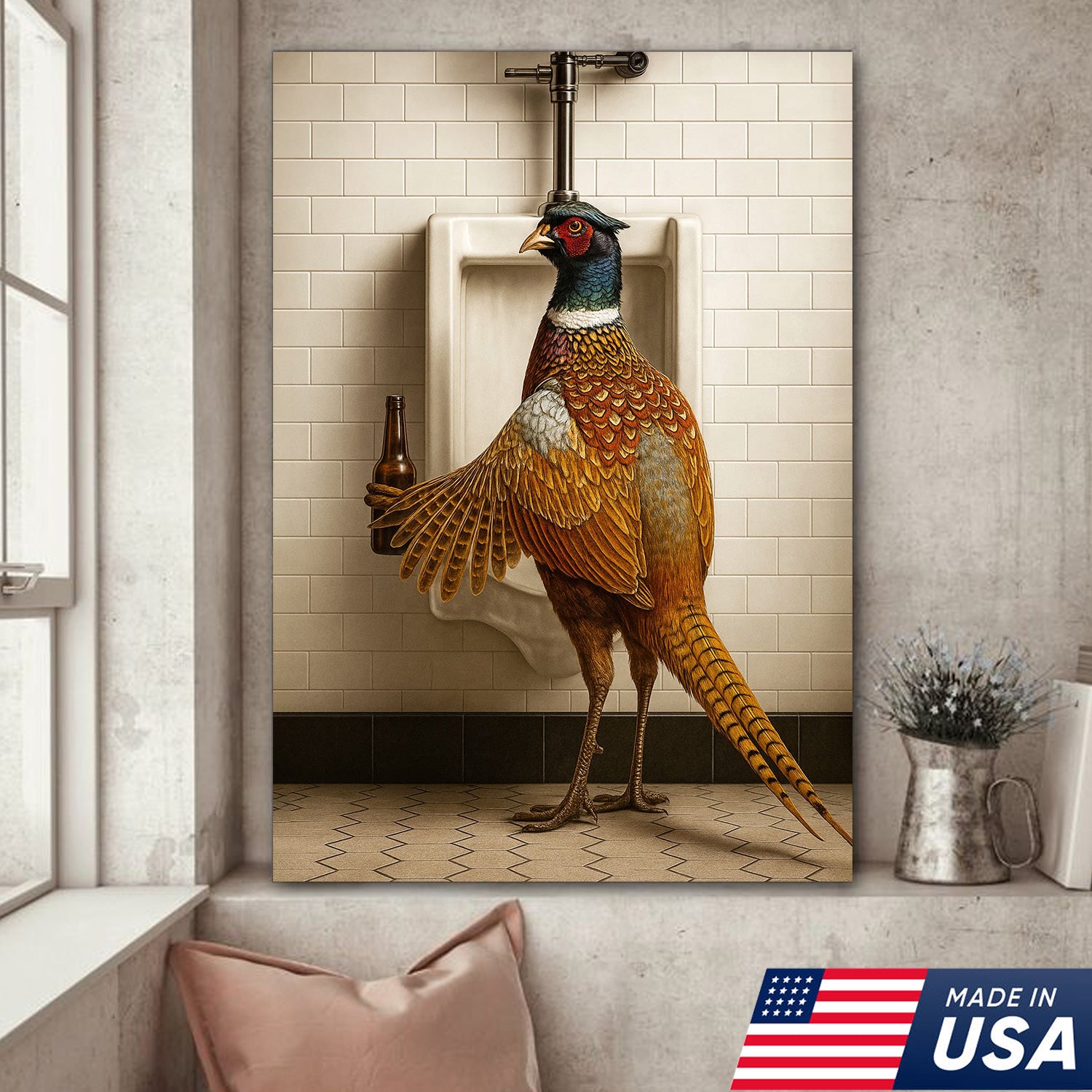 Funny Pheasant Canvas Wall Art – Hilarious Bathroom Humor Decor – Rustic Hunting Cabin Gag Gift – Quirky Lodge Animal Artwork