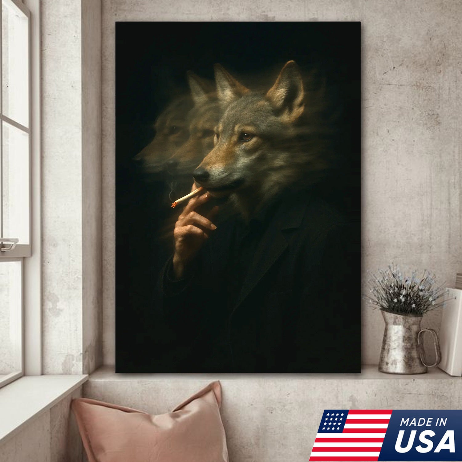 Mystical Wolf Coyote Canvas Wall Art - Mysterious Animal Portrait with Surreal Motion Effect - Unique Wildlife Artwork for Home Decor