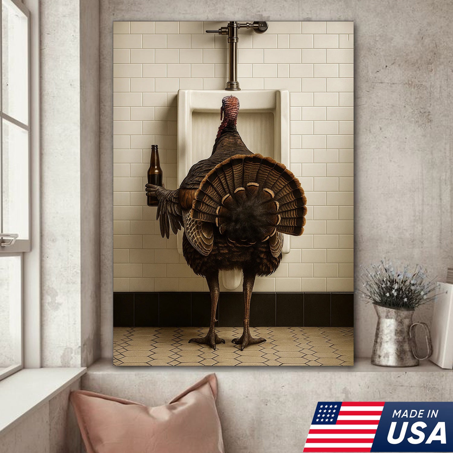 Hilarious Turkey Canvas Wall Art – Funny Bathroom Humor Decor – Rustic Hunting Cabin Gag Gift – Quirky Lodge Farmhouse Animal Artwork