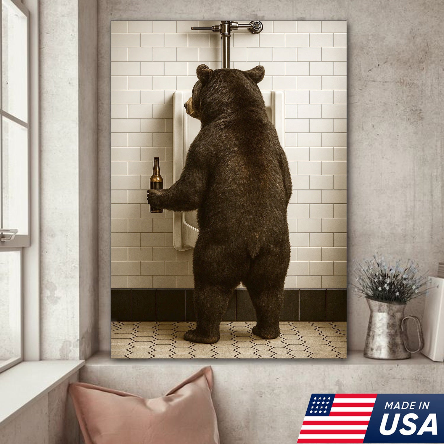 Funny Black Bear Canvas Wall Art – Hilarious Bathroom Humor Decor – Rustic Cabin Lodge Gag Gift – Quirky Hunting Camp Animal Artwork