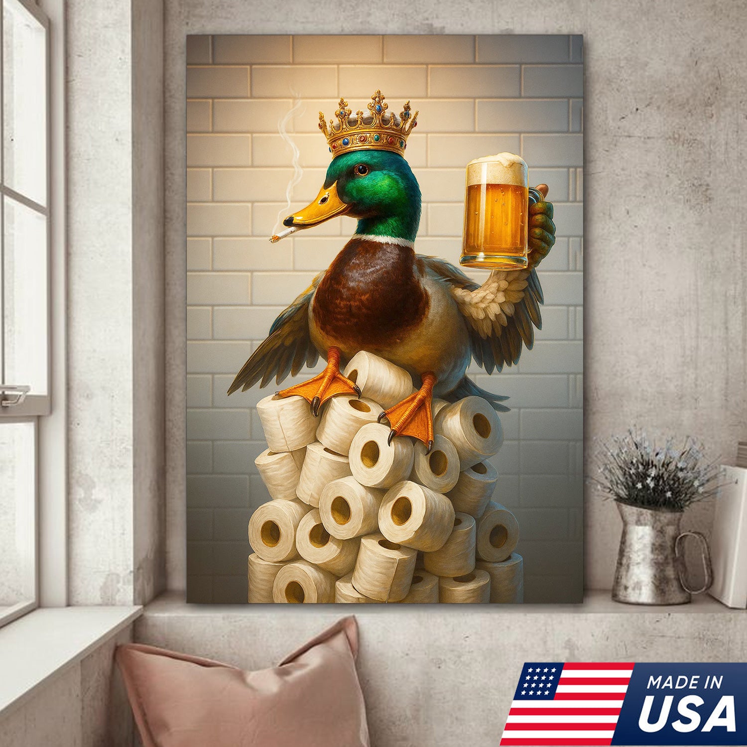 Royal Duck Canvas Wall Art - Funny Bathroom Decor with Crown and Beer - Rustic Wildlife Lodge Print
