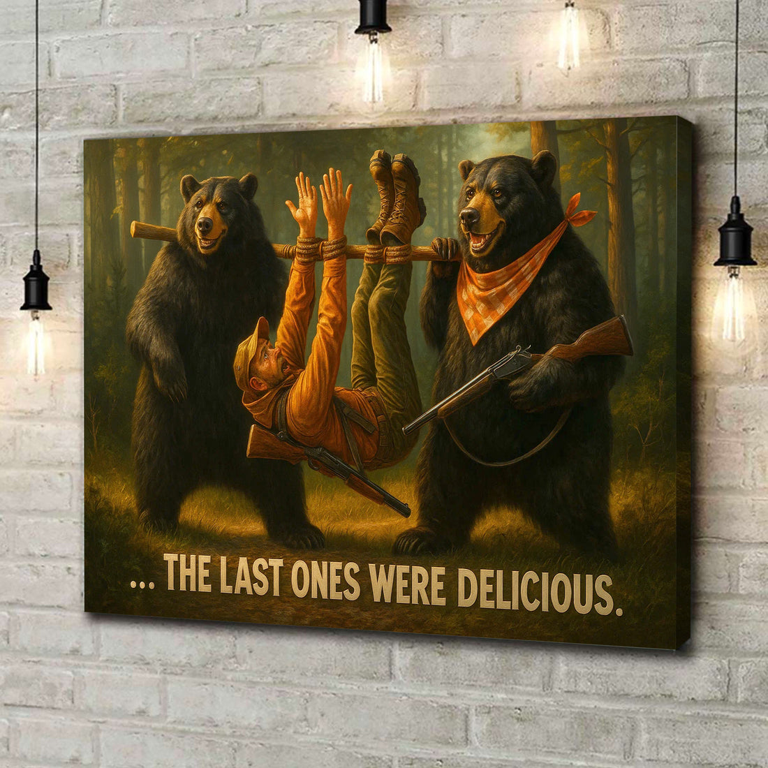 Funny Bear Hunting Canvas Wall Art - Hilarious Wilderness Scene with Hunter - Rustic Cabin and Lodge Decor