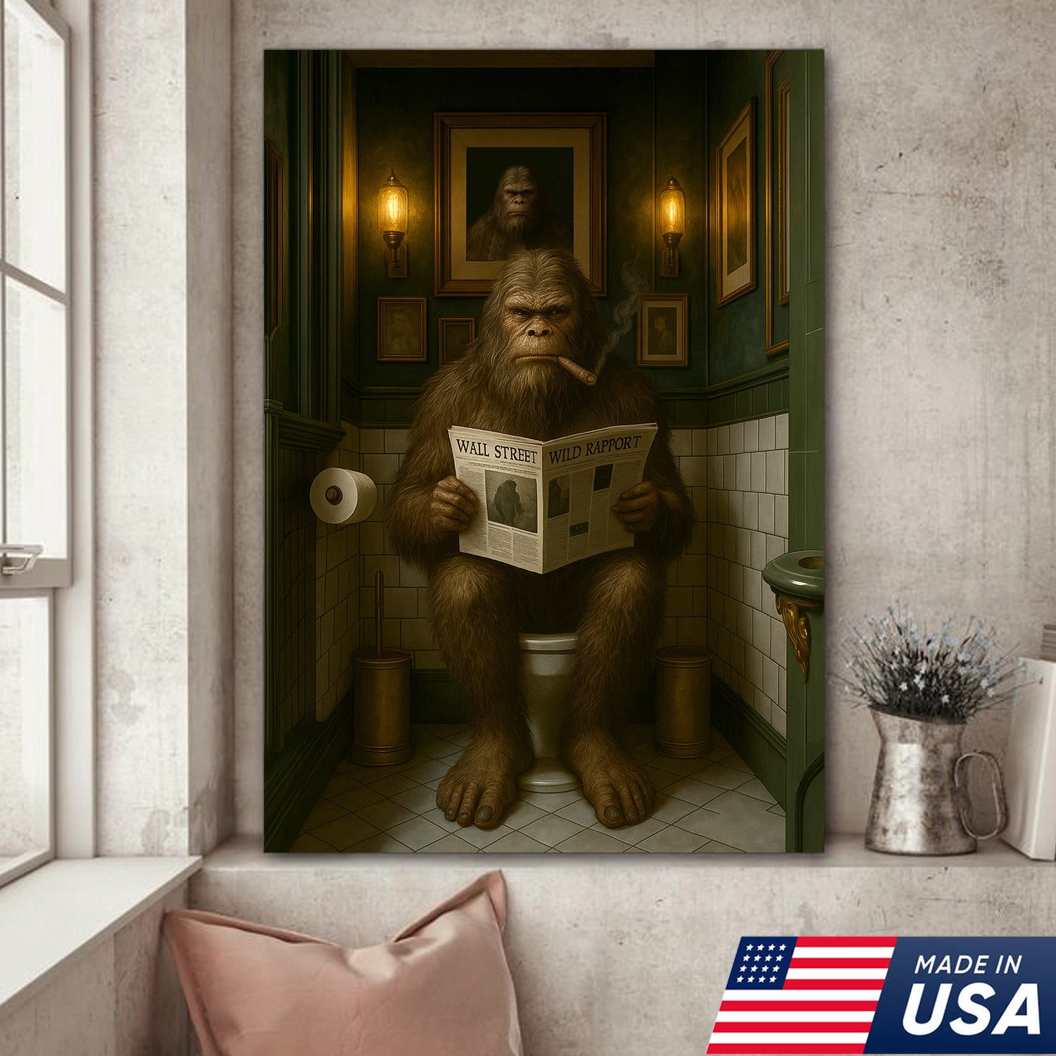 Funny Bigfoot Bathroom Wall Art – Rustic Hunting Cabin Toilet Humor Canvas Decor