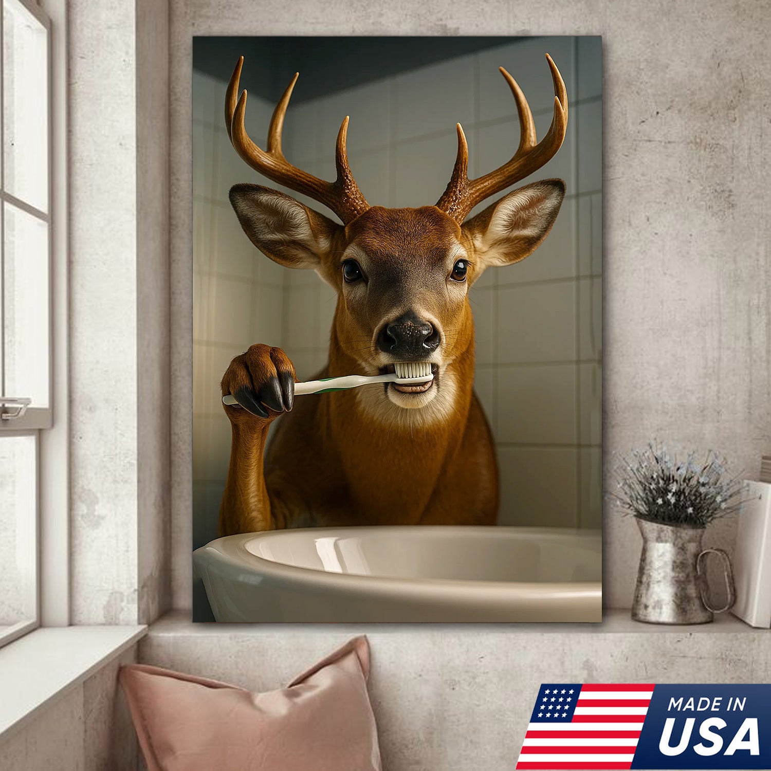 Deer Canvas Wall Art – Funny Buck Brushing Teeth Unique Bathroom Decor for Hunters
