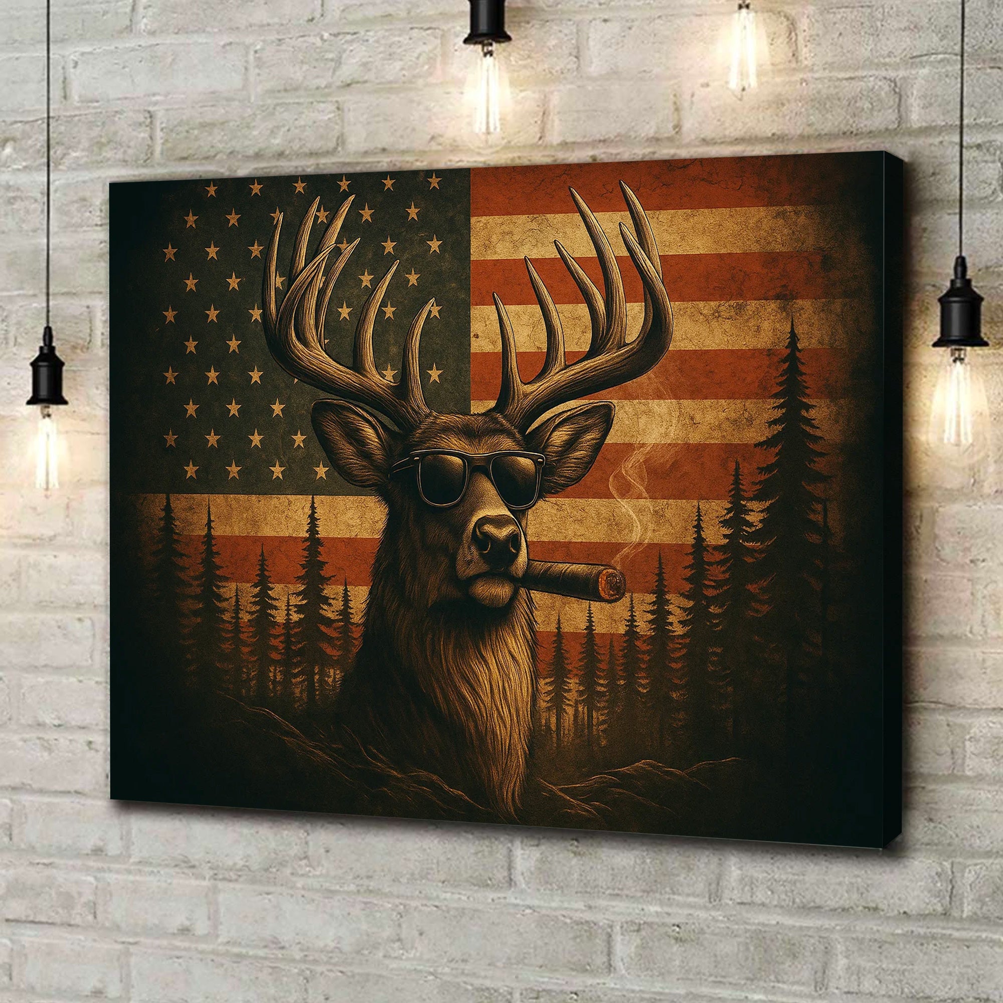 Deer Canvas Wall Art – Cool Buck with Sunglasses and USA Flag Rustic Hunting Lodge Decor