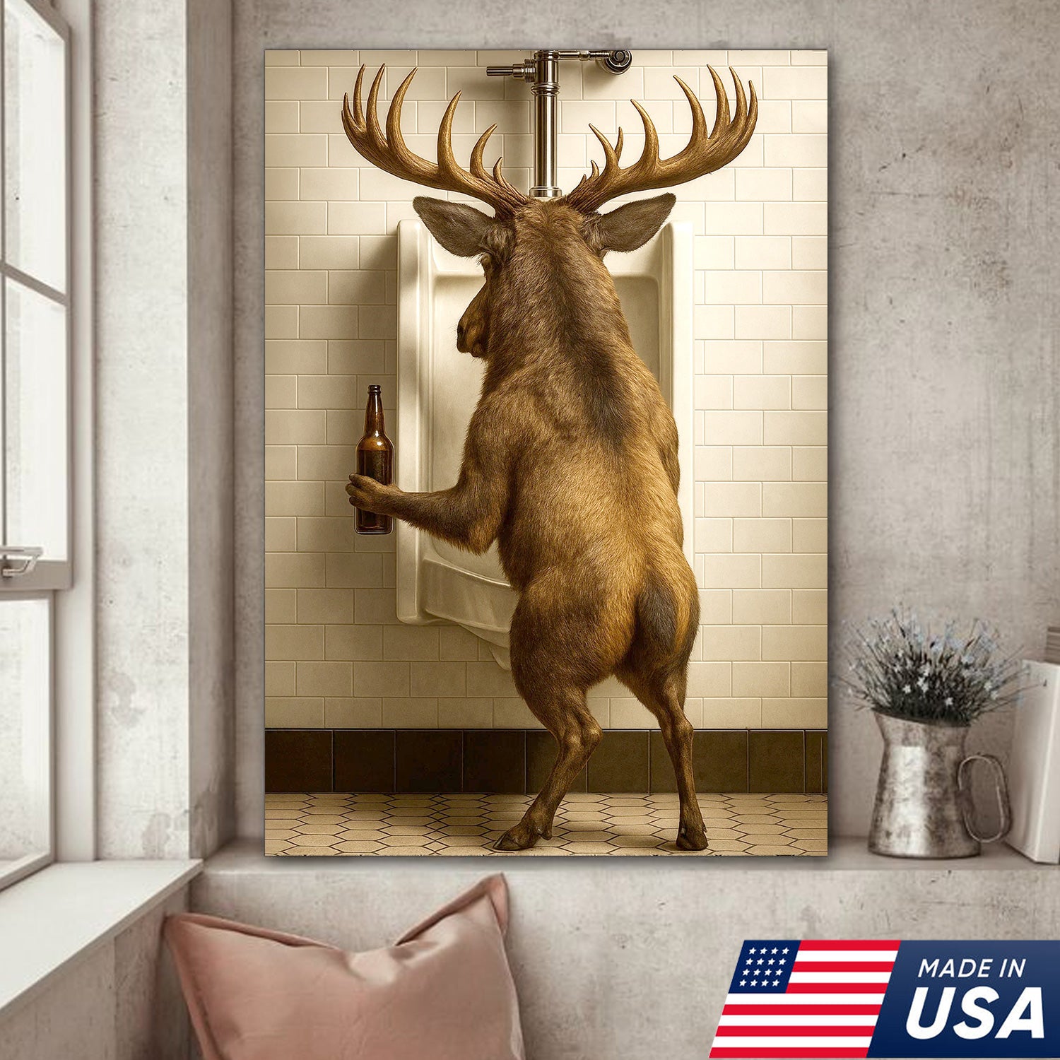 Funny Elk Canvas Wall Art - Rustic Bathroom Lodge Decor for Hunters - Unique Wildlife Cabin Print