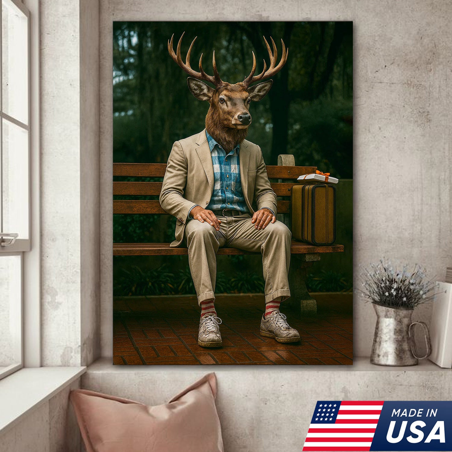 Funny Deer Canvas Wall Art – Buck Sitting on Bench – Whitetail Deer Hunting Lodge Decor
