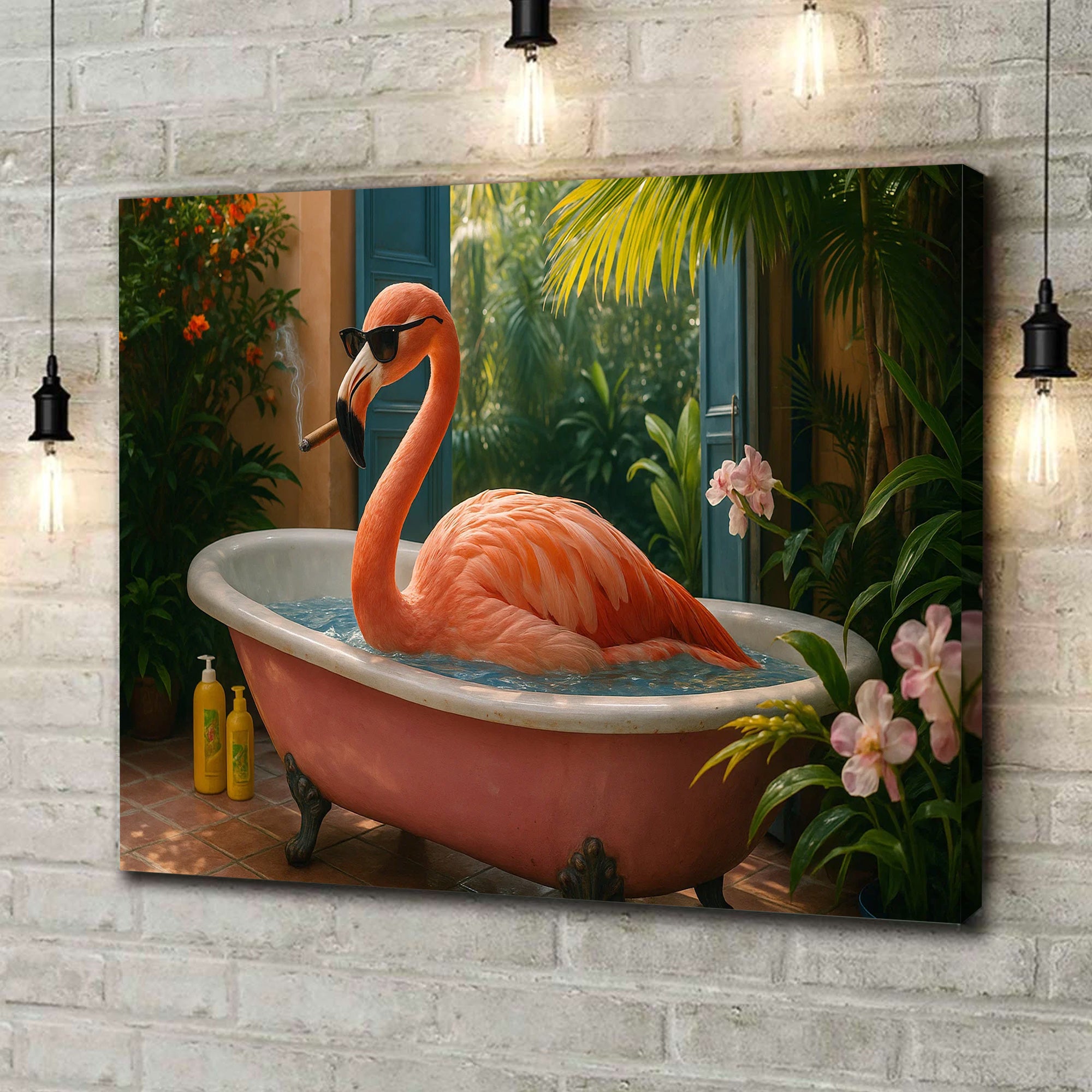 Funny Flamingo Canvas Wall Art – Cool Pink Bird in Bathtub – Tropical Bathroom Decor