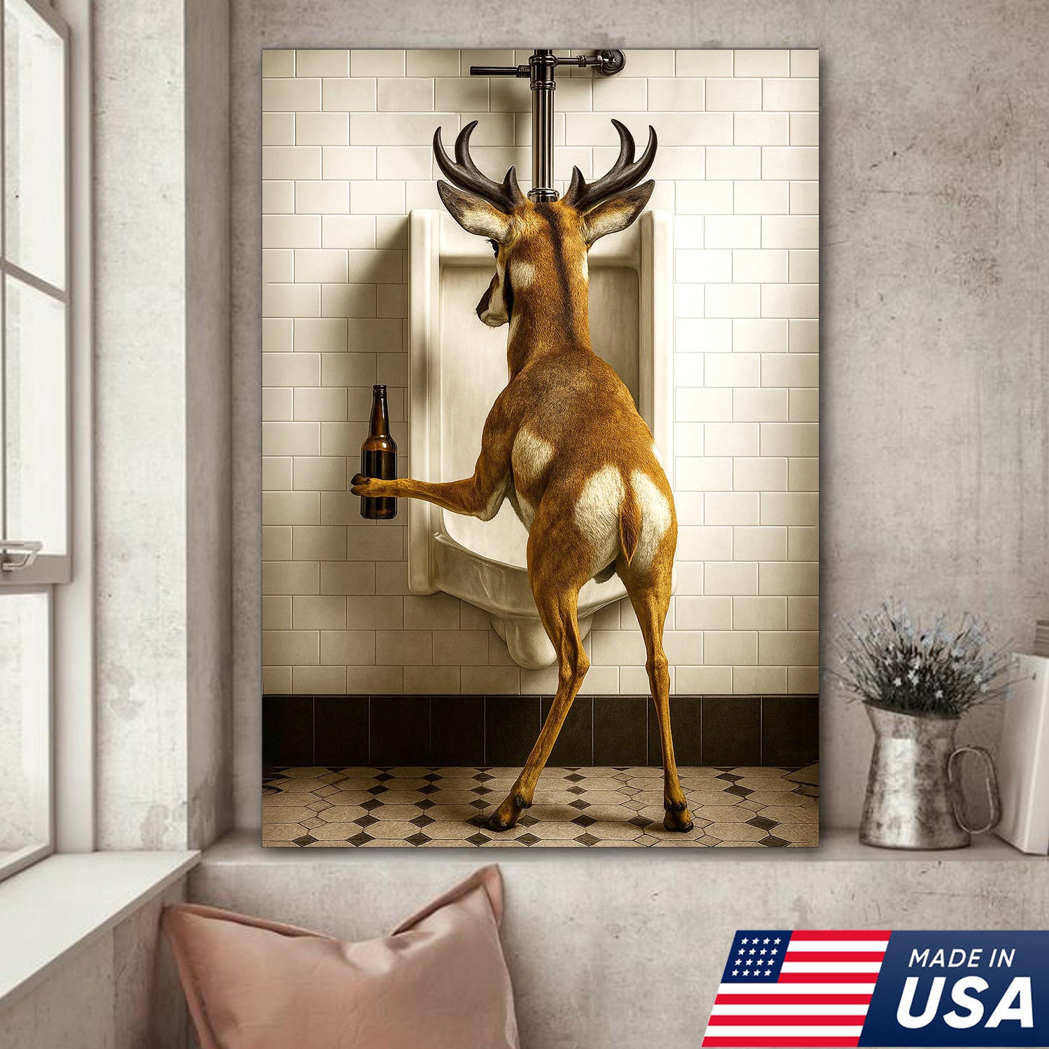 Funny Pronghorn Canvas Wall Art - Rustic Bathroom Lodge Decor for Hunters - Unique Wildlife Cabin Print