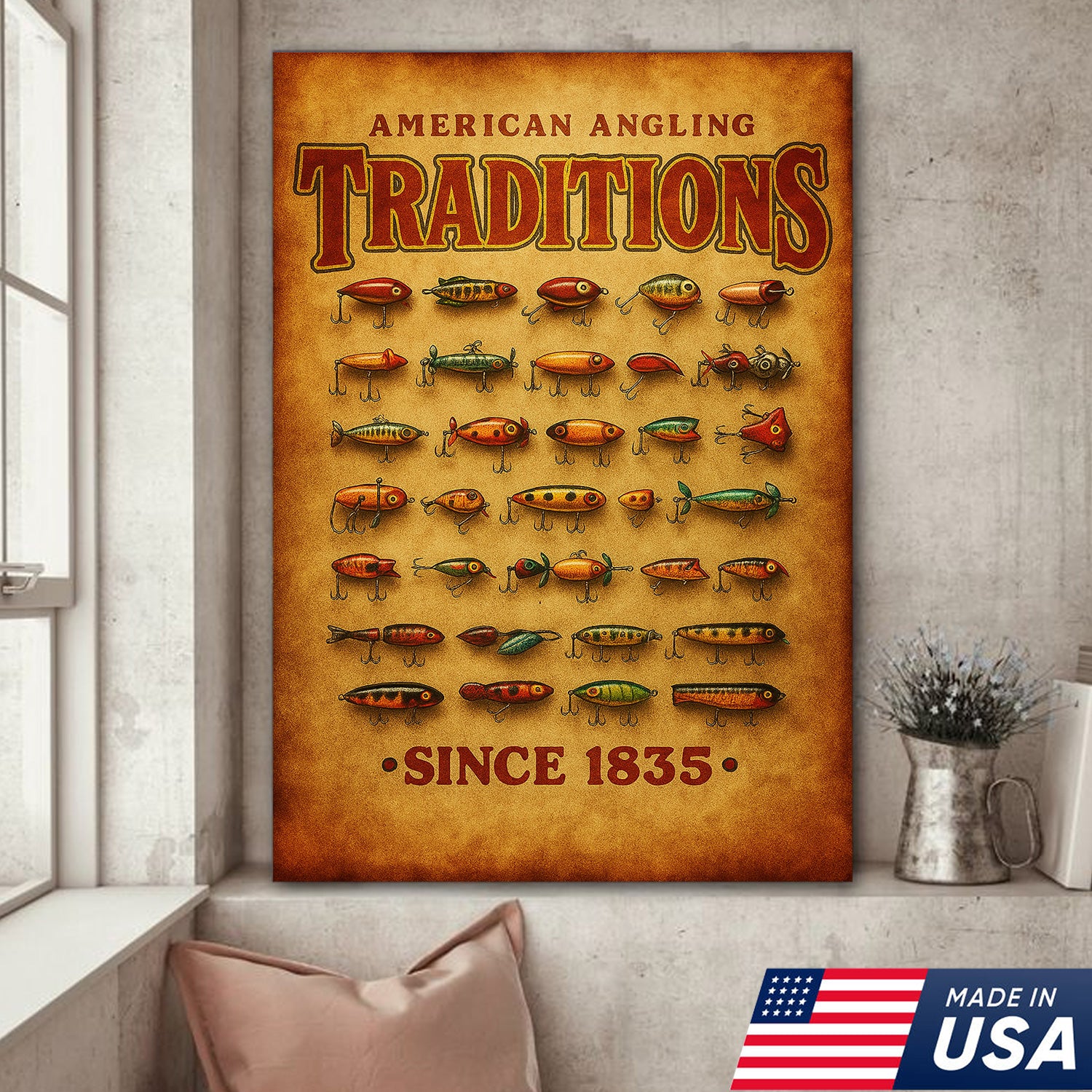 Vintage Fishing Lures Canvas Wall Art – Rustic Angling Lodge Decor Gif –  Buckindad