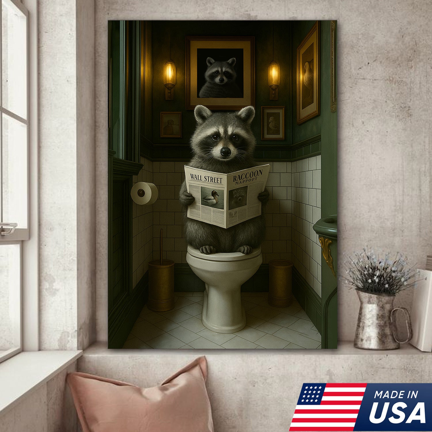 Funny Raccoon Bathroom Wall Art – Rustic Toilet Humor Cabin Canvas Decor, Gifts for Outdoorman