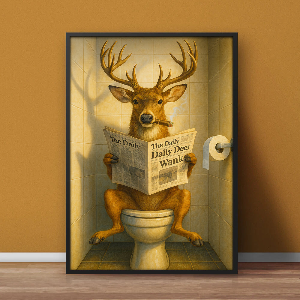 Funny Deer on Toilet Canvas β Quirky Animal Art Print with Smoking and Newspaper for Unique Wall Decor