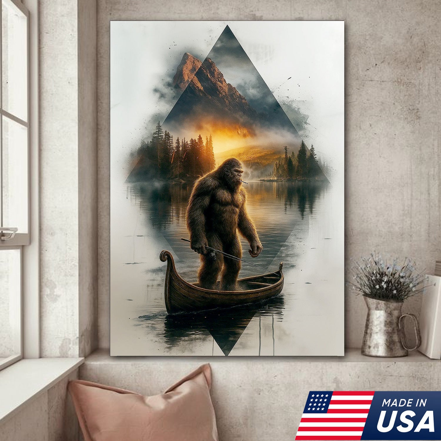 Bigfoot Fishing On Wooden Boat Adventure Canvas Wall Art – Mysterious Forest Lake Decor – Rustic Cabin & Lodge Artwork