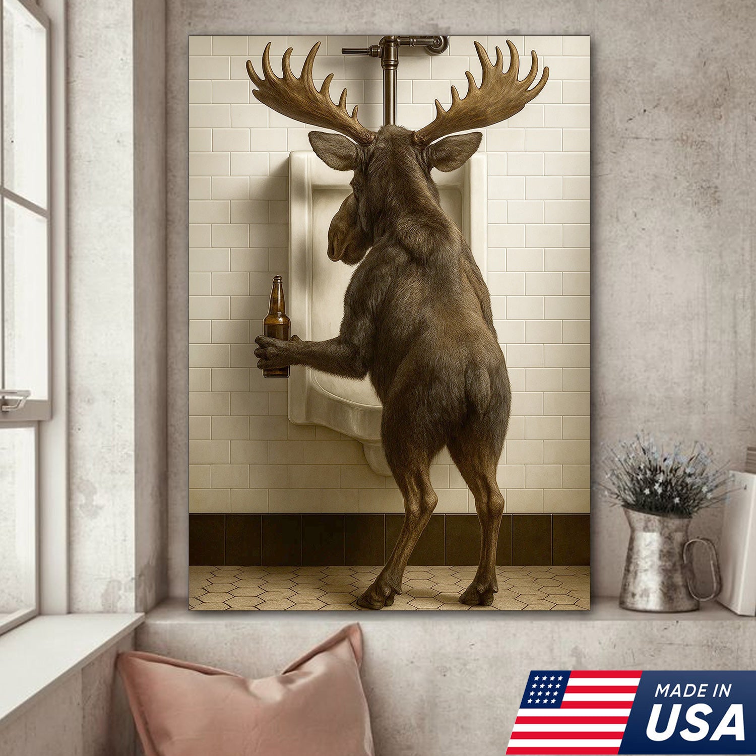 Moose Bathroom Canvas Wall Art - Funny Rustic Lodge Decor for Cabin and Hunting Enthusiasts - Wildlife Humor Print