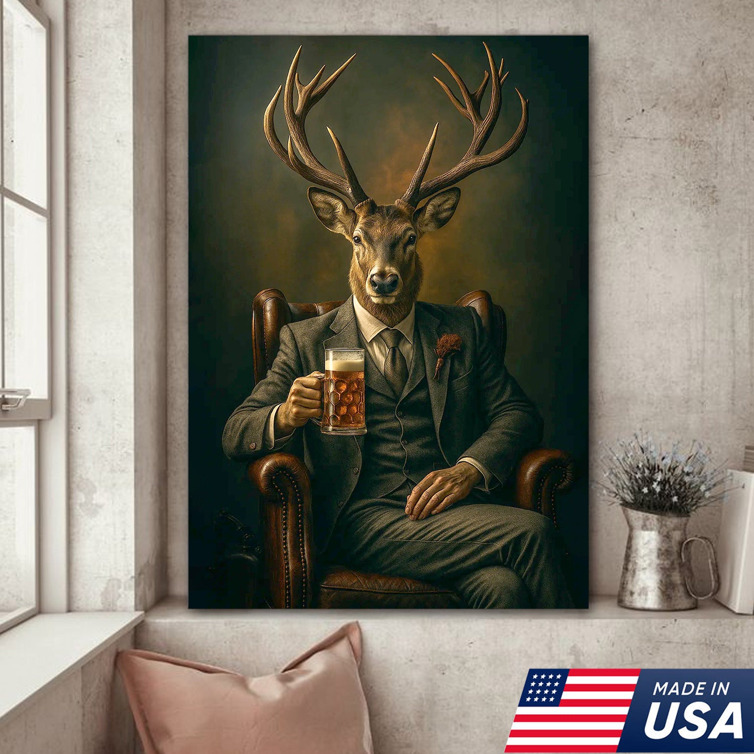 Deer Canvas Wall Art – Sophisticated Buck in Suit Holding Beer Rustic Lodge Decor for Hunters