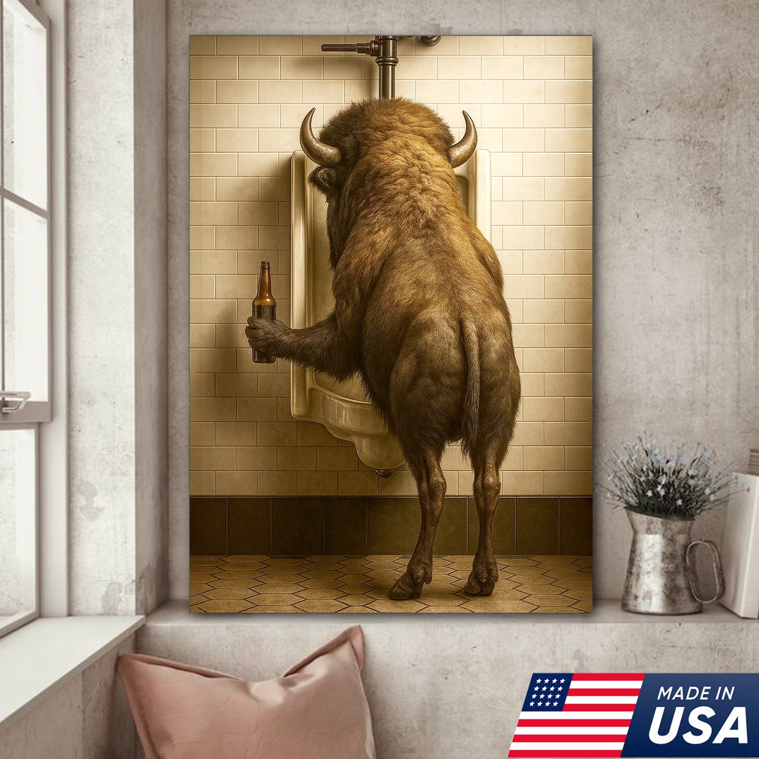 Funny Bison Canvas Wall Art - Rustic Bathroom Lodge Decor for Hunters - Unique Wildlife Cabin Print