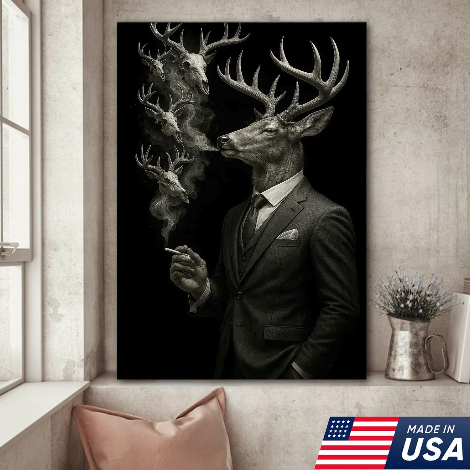 Gentleman Deer Canvas Wall Art, Elegant Buck in Suit Artwork, Rustic Cabin Decor for Hunters, Modern Wildlife Portrait Painting