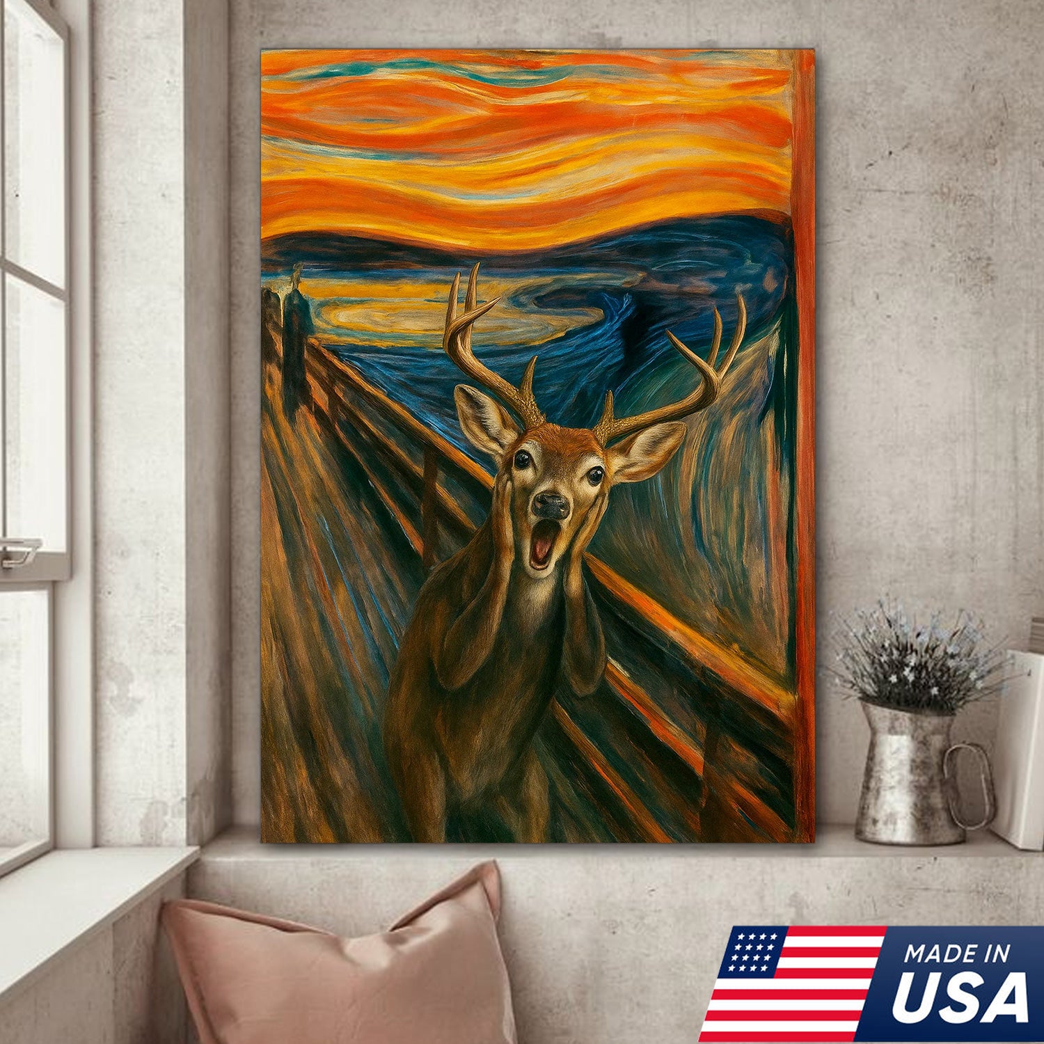 Funny Deer Wall Art Canvas – The Scream Parody Hunting Decor – Rustic Wildlife Home Decoration