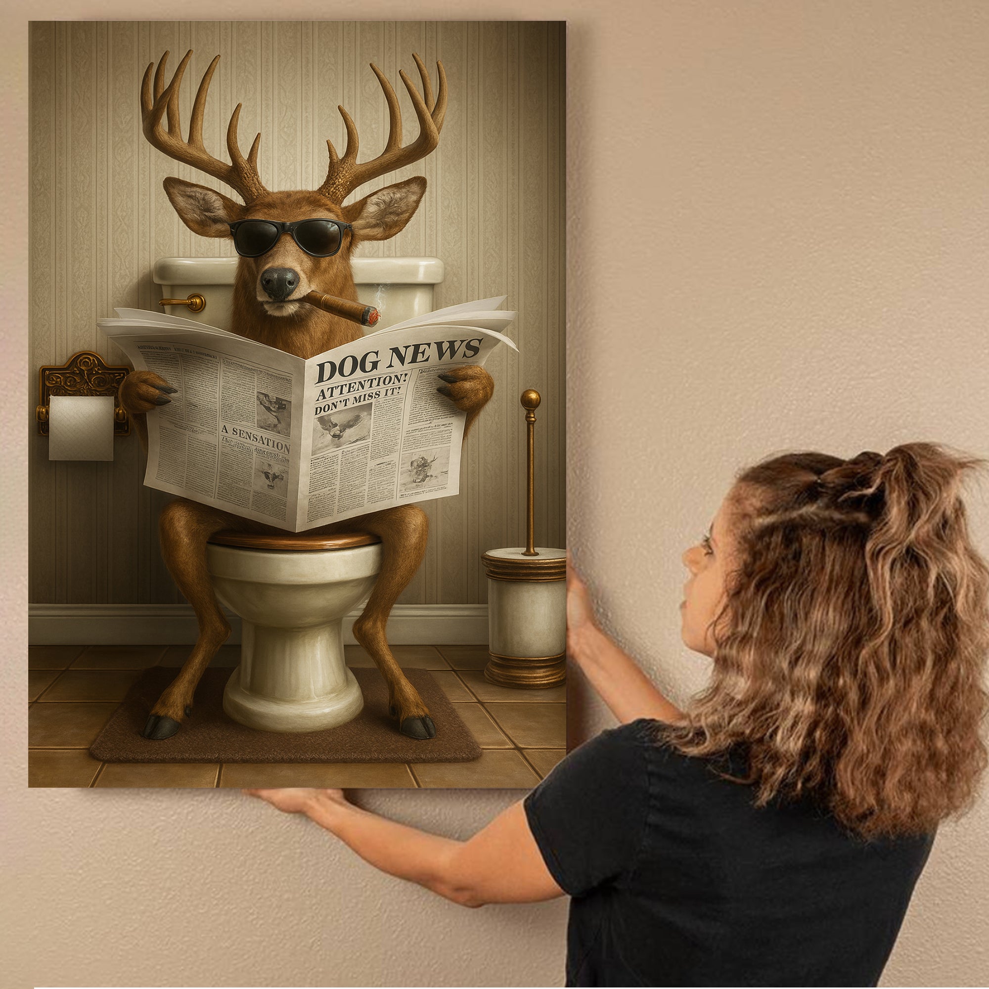 Funny Deer on Toilet Canvas – Hilarious Animal Art Print with SunGlasses and Smoking Reading Newspaper.