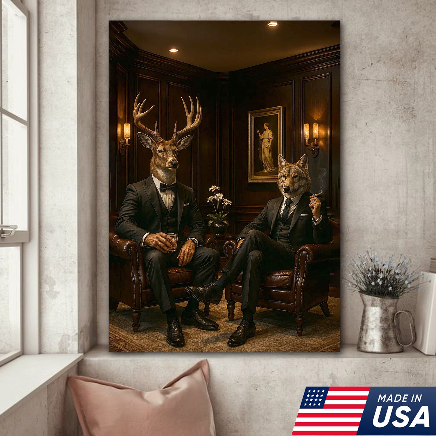 Elegant Deer and Wolf Canvas Wall Art - Sophisticated Animal Portrait in Suits, Luxury Rustic Decor for Living Room & Office