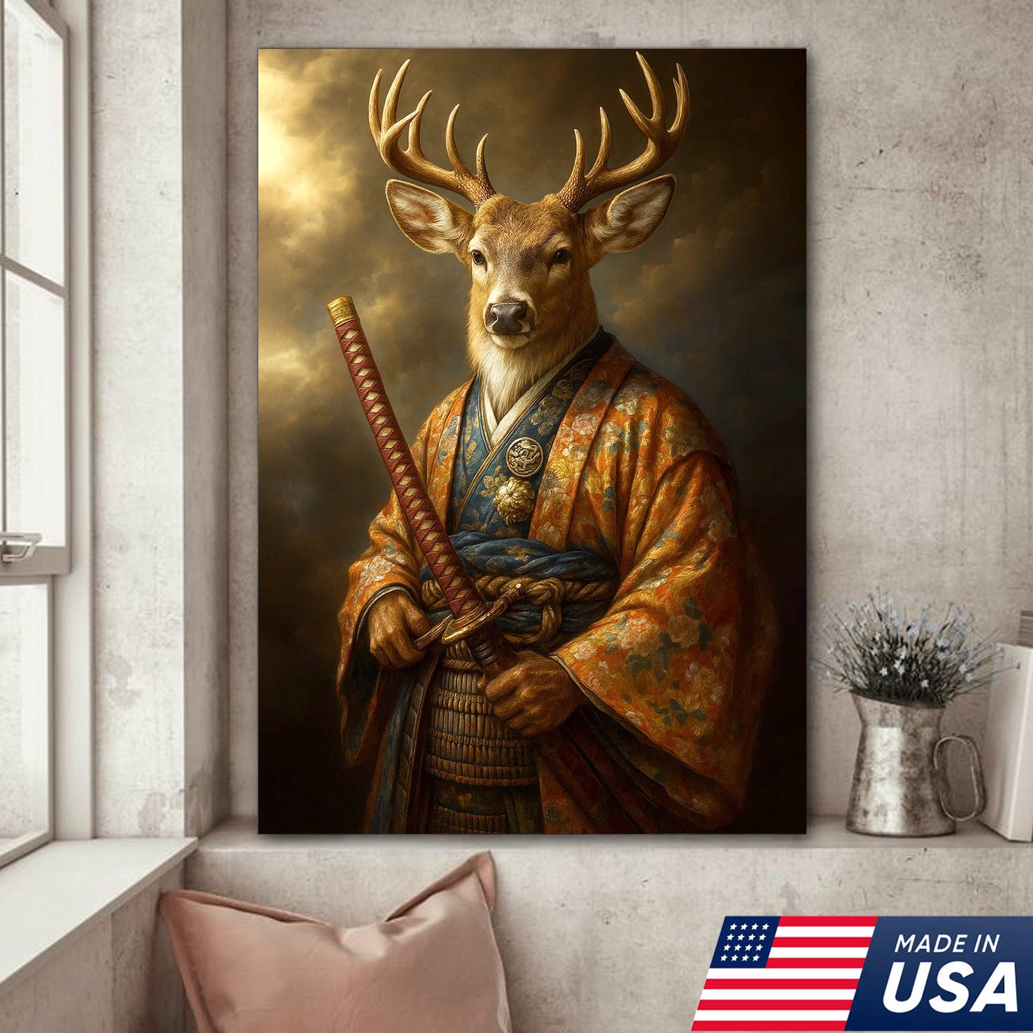 Deer Canvas Wall Art – Majestic Samurai Buck with Katana Warrior Rustic Lodge Decor