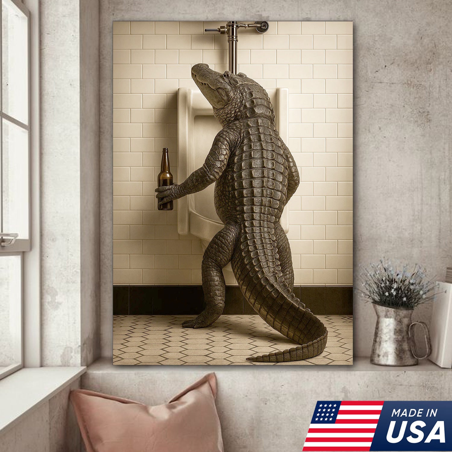 Alligator Bathroom Canvas Wall Art - Funny Rustic Lodge Decor for Cabin, Bar, and Wildlife Lovers - Unique Gator Print