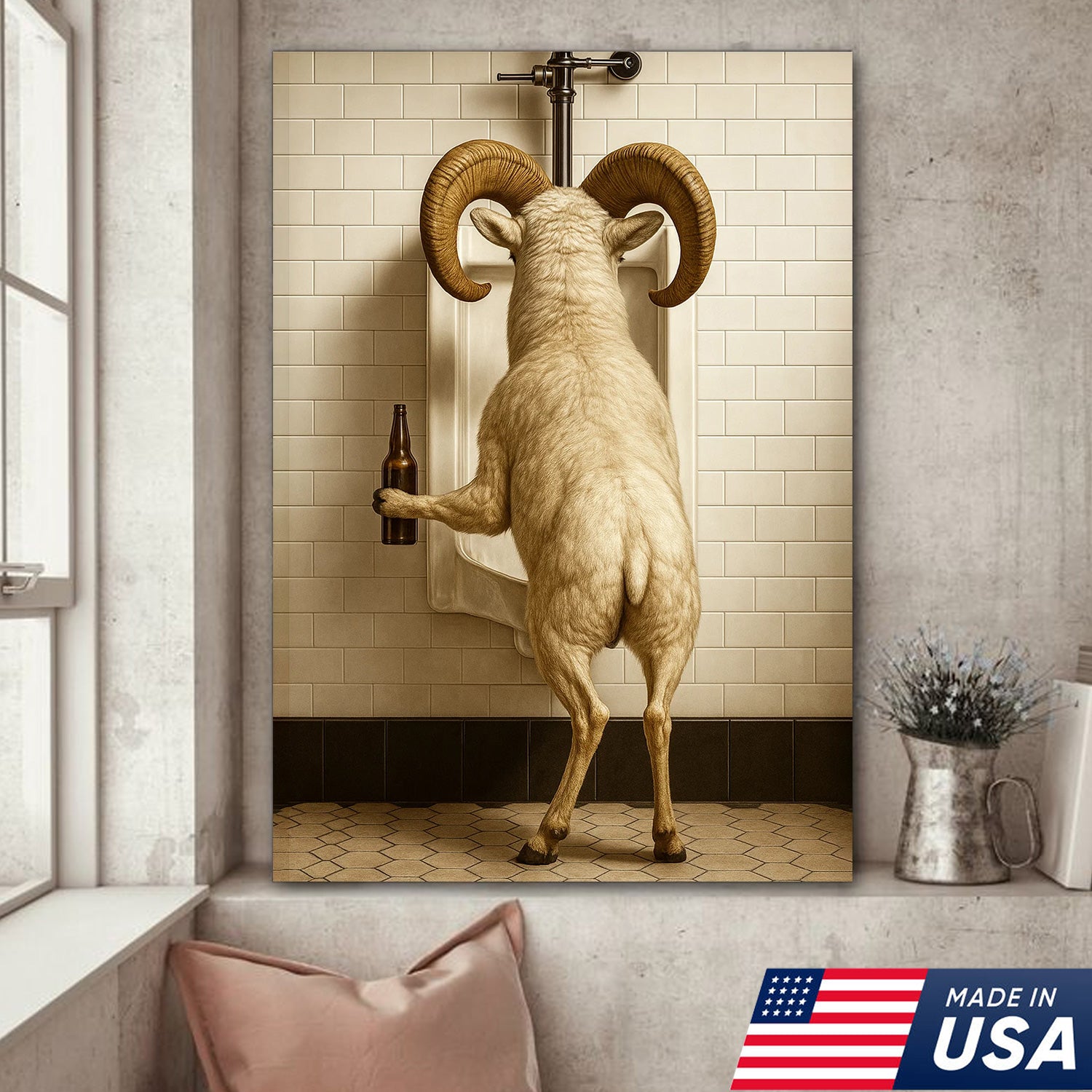 Whimsical Dall Sheep Canvas Wall Art - Funny Rustic Bathroom Decor for Cabin, Farmhouse, and Lodge - Wildlife Humor Print