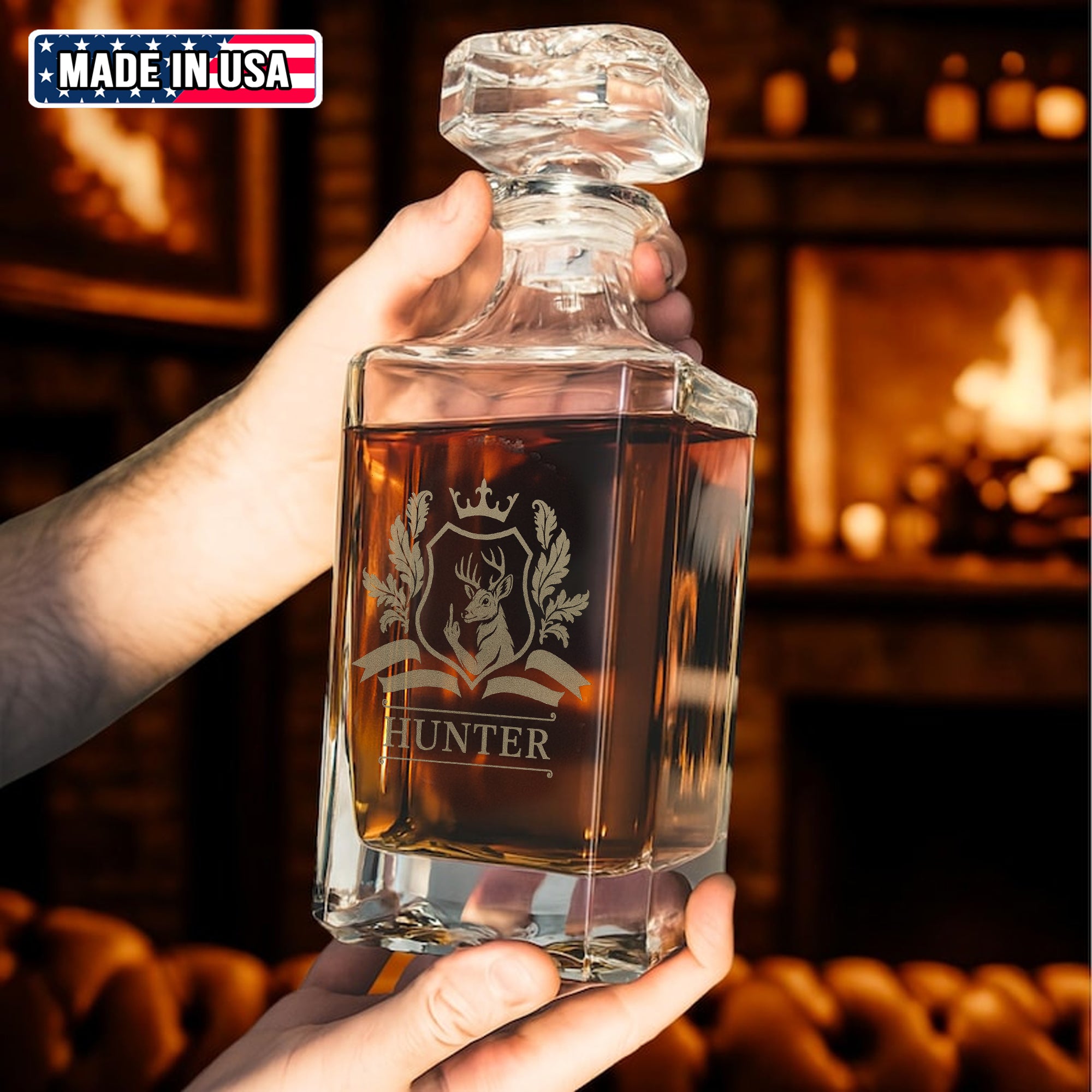 Luxury Deer Hunting Whiskey Decanter & Glass Set – Engraved Buck Glass Gift for Men & Outdoors Lovers