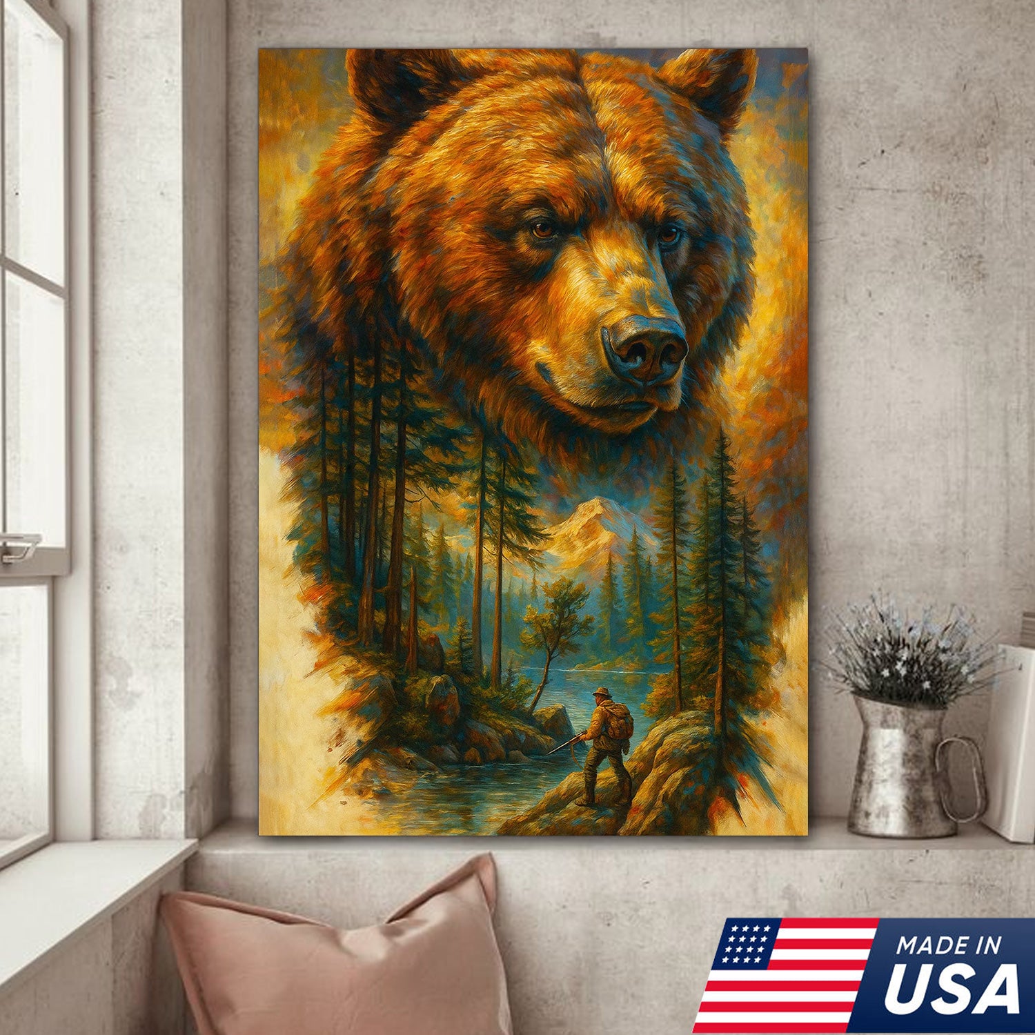 Epic Bear Canvas Wall Art – Wilderness Mountain Adventure Scene, Bold Nature Decor