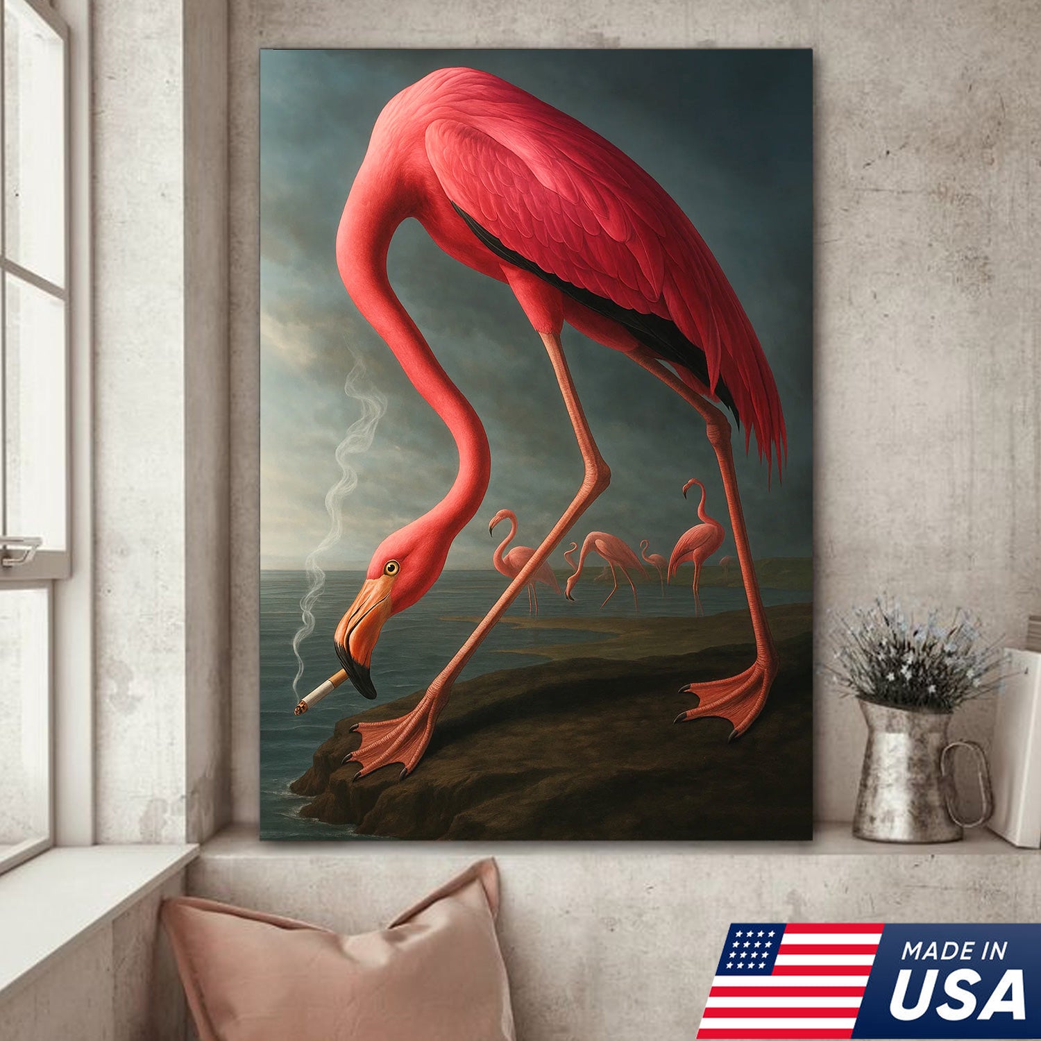 Cool Flamingo Canvas Wall Art – Funny Pink Bird Beach Decor – Unique Coastal Wildlife Print