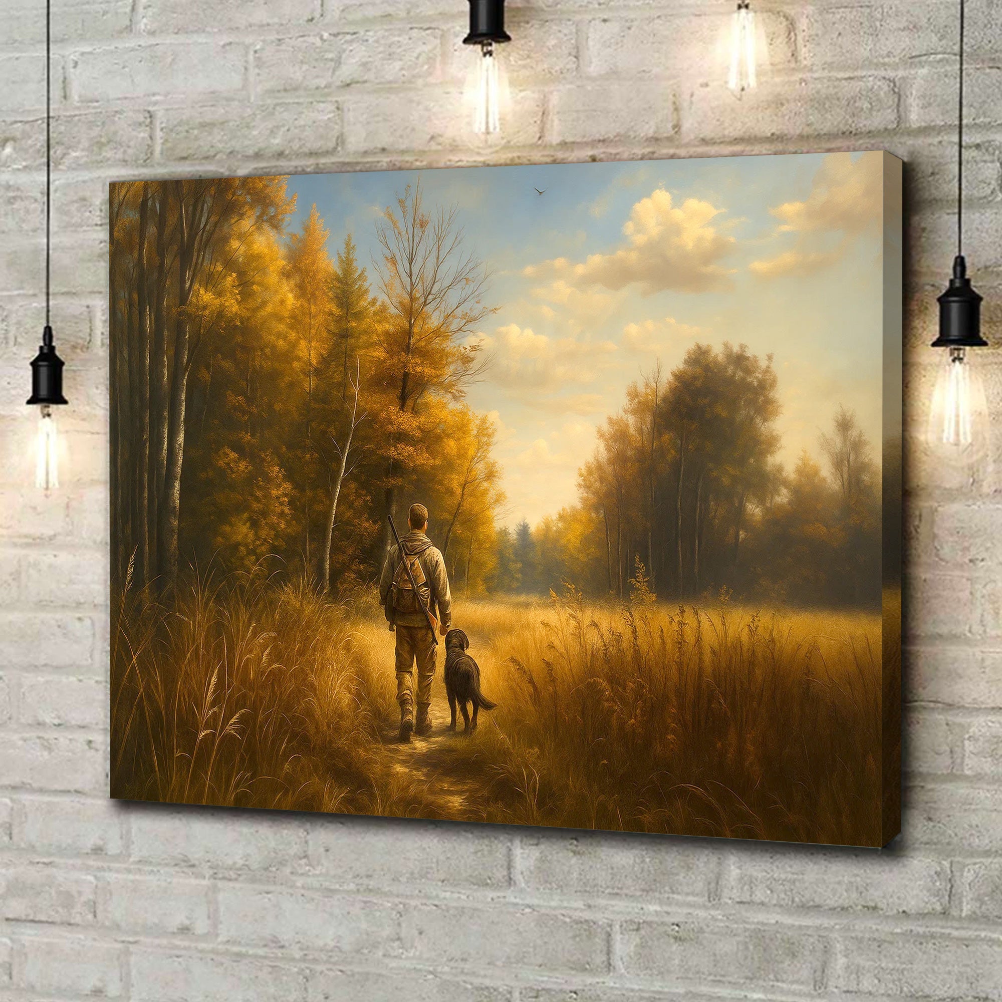 Hunting Canvas Wall Art – Hunter Walking with Dog in Autumn Forest – Rustic Wildlife Wall Decor for Cabin and Lodge