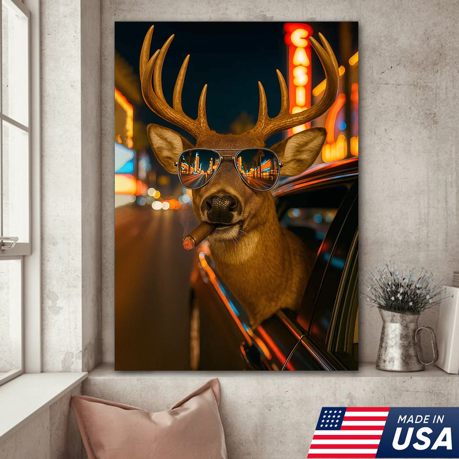 Cool Deer Canvas Wall Art - Funny Rustic Lodge Decor with Sunglasses and Night City Vibes - Unique Wildlife Cabin Print