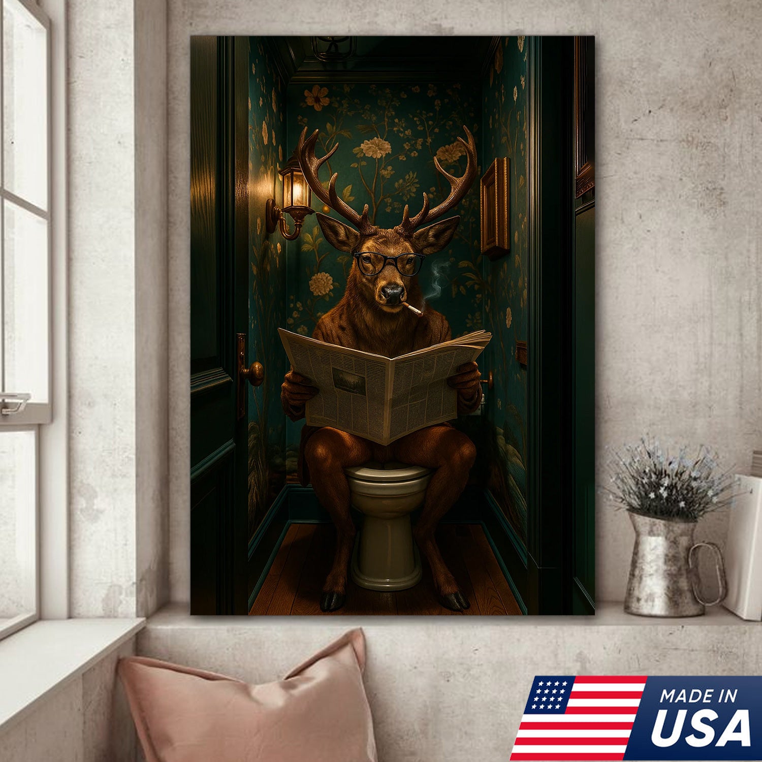 Funny Whitetail Buck Bathroom Canvas – Deer with Glasses Reading Newspaper on Toilet – Quirky Powder Room Wall Art