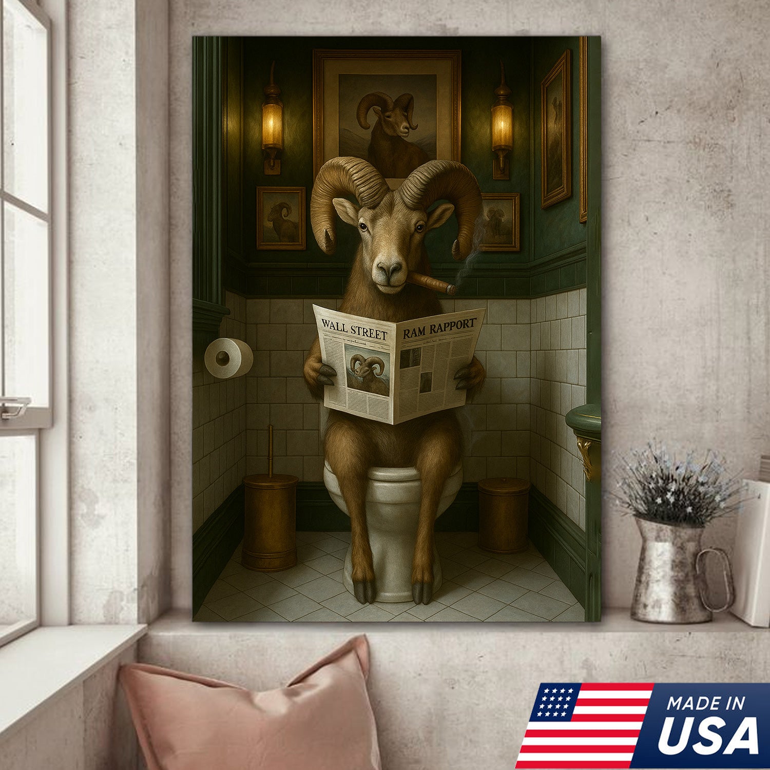 Mountain Goat Toilet Humor Canvas – Funny Hunting Bathroom Wall Art for Hunters, Cabin, Lodge & Country Home